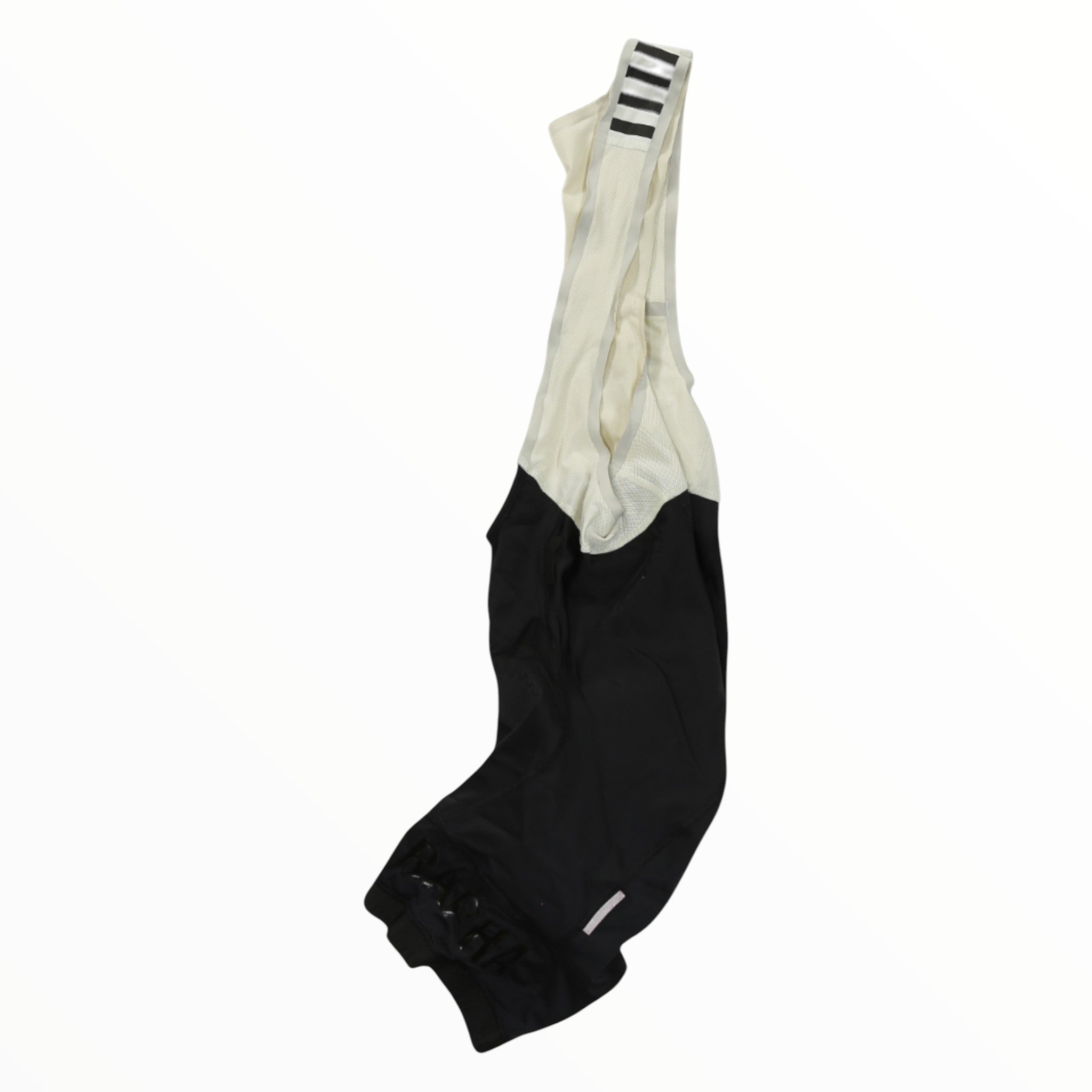 Men’s Rapha pro team cycling bib shorts, cream white upper with black leg panels, white stripe