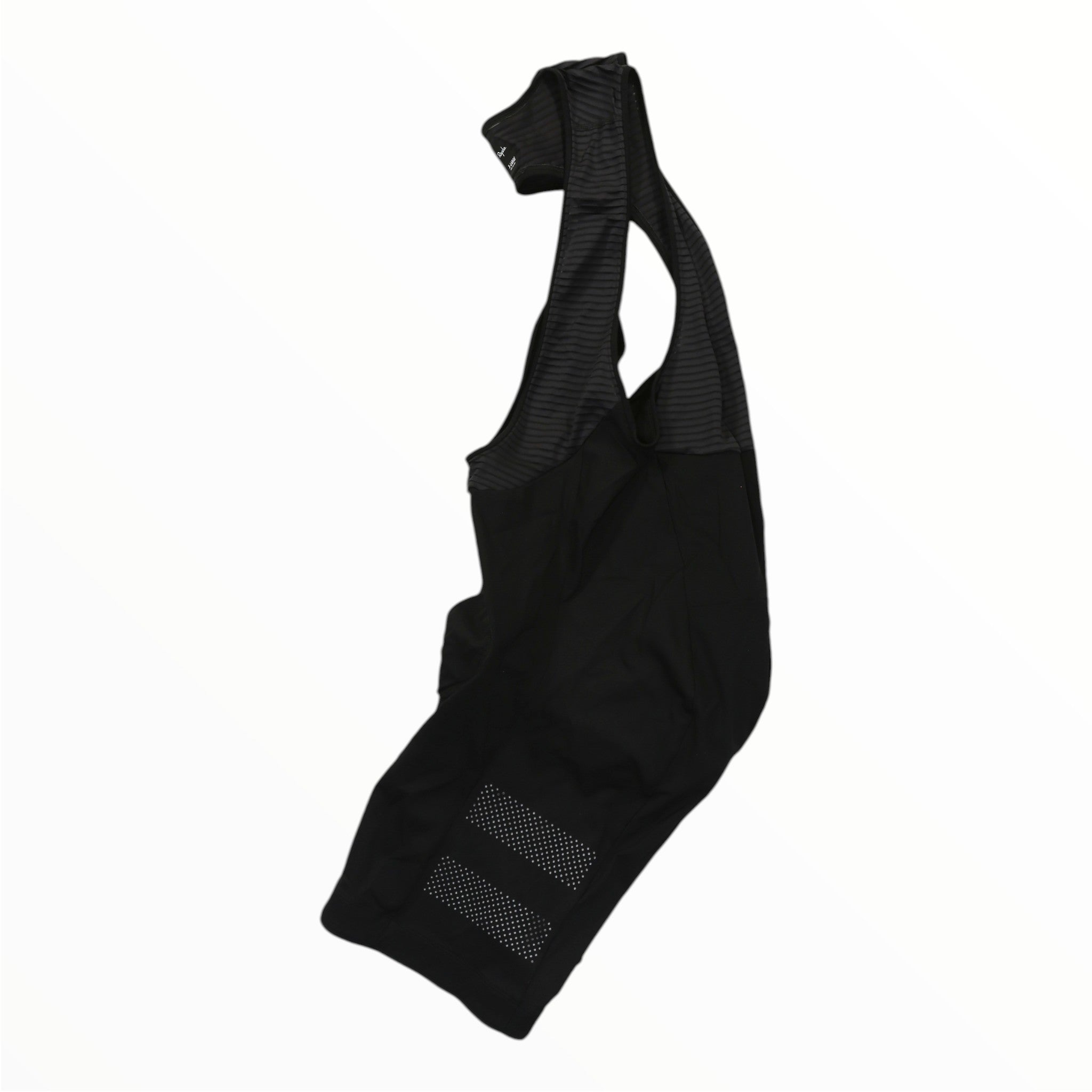 Black cycling bib shorts with short sleeves and reflective perforated panel at leg