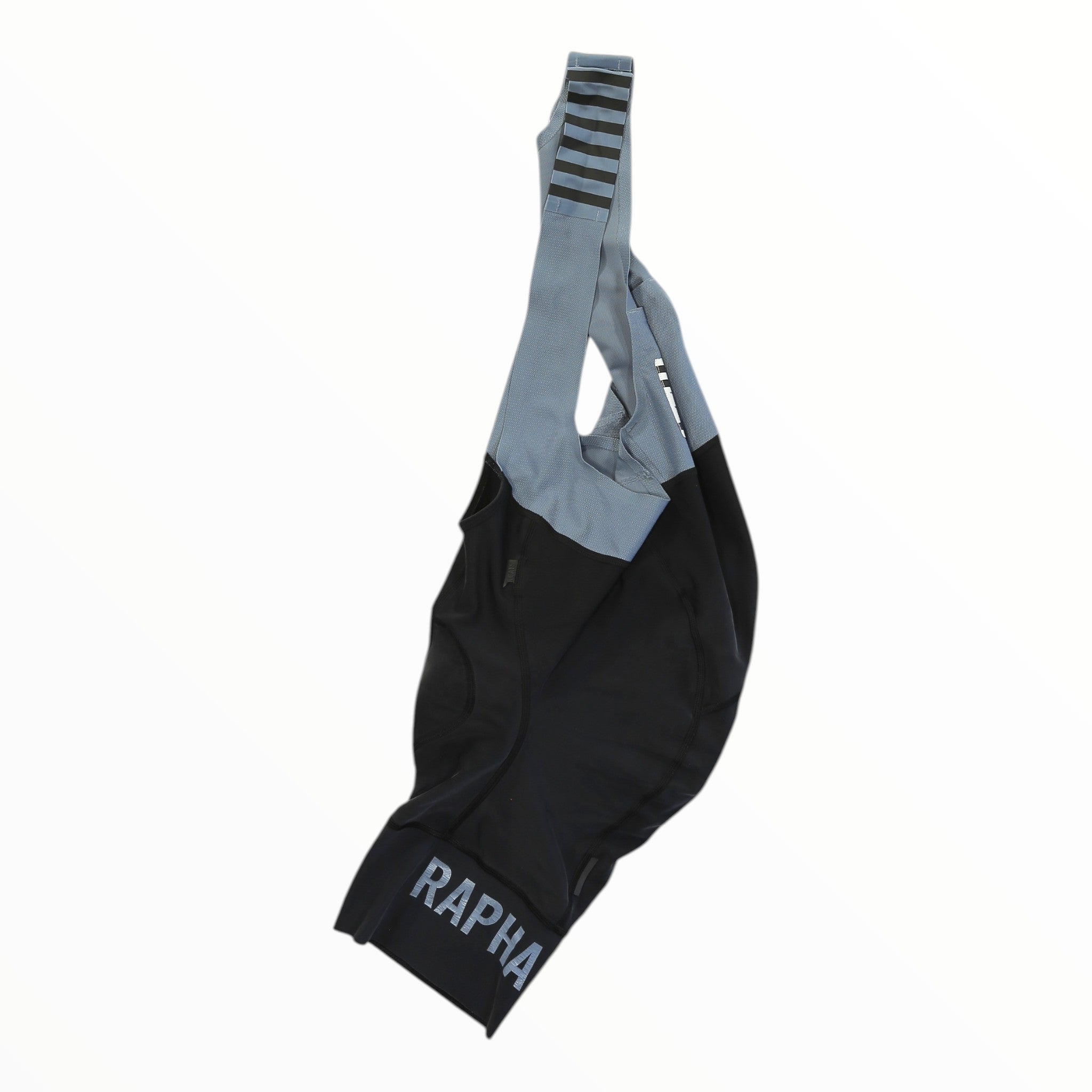 Rapha men’s bib shorts in black and light blue, with striped cuff and leg hem branding