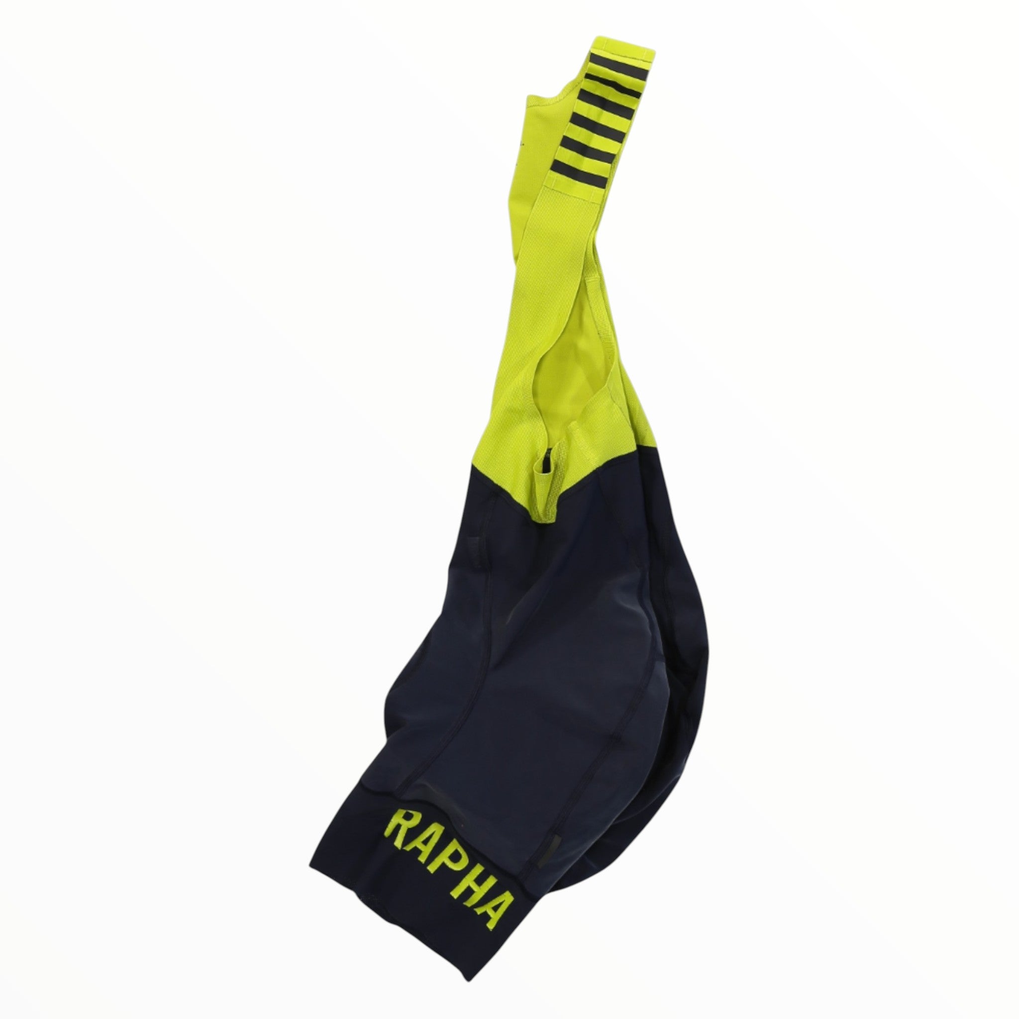 Men's cycling bib shorts with neon yellow bibs and dark navy shorts, Rapha logo at leg