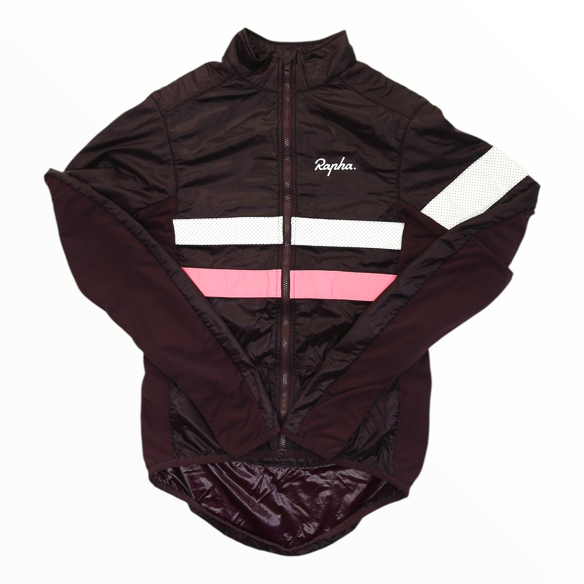 Men's insulated cycling jacket, dark maroon with white and pink center stripe