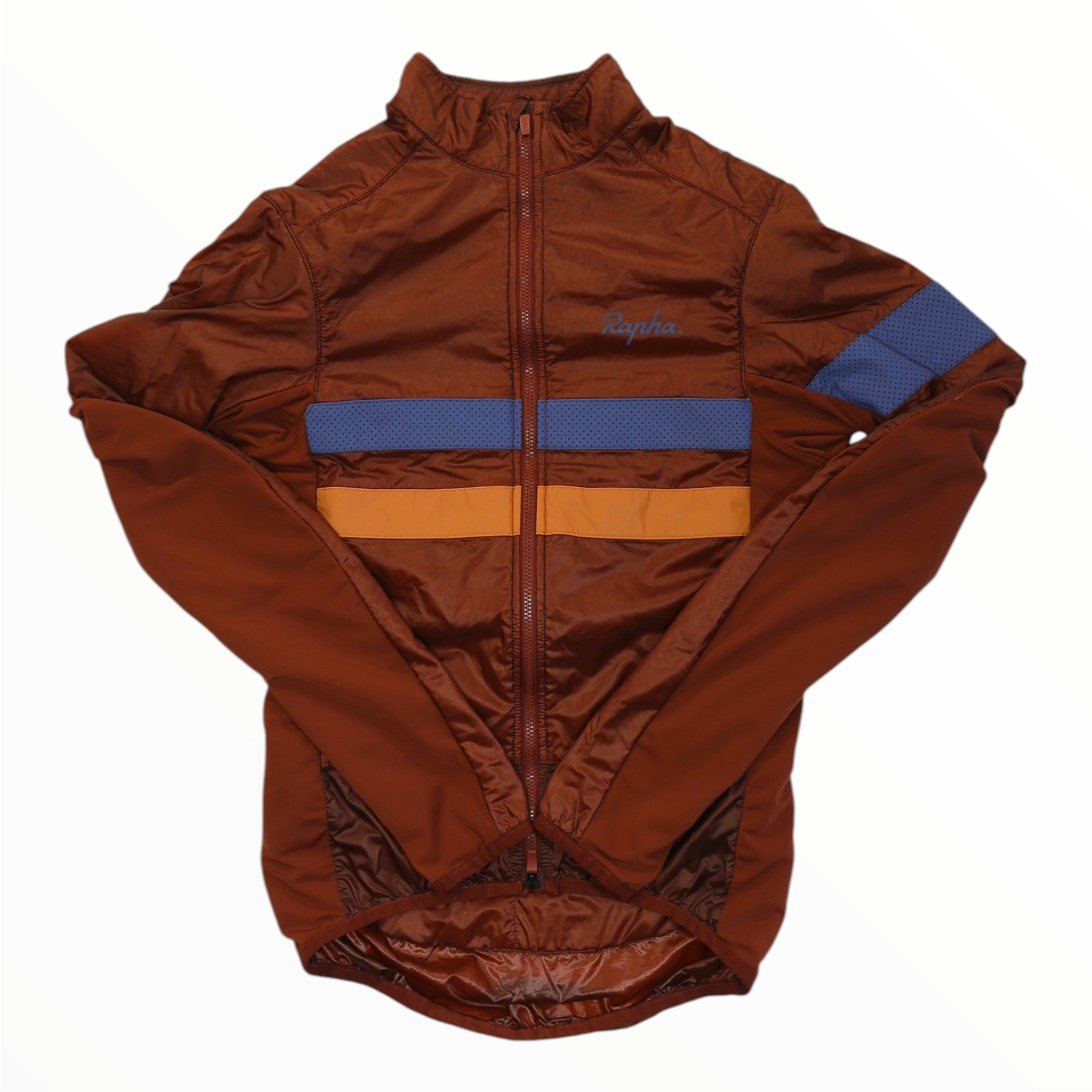 Men's insulated cycling jacket, rust orange with blue and orange center stripe