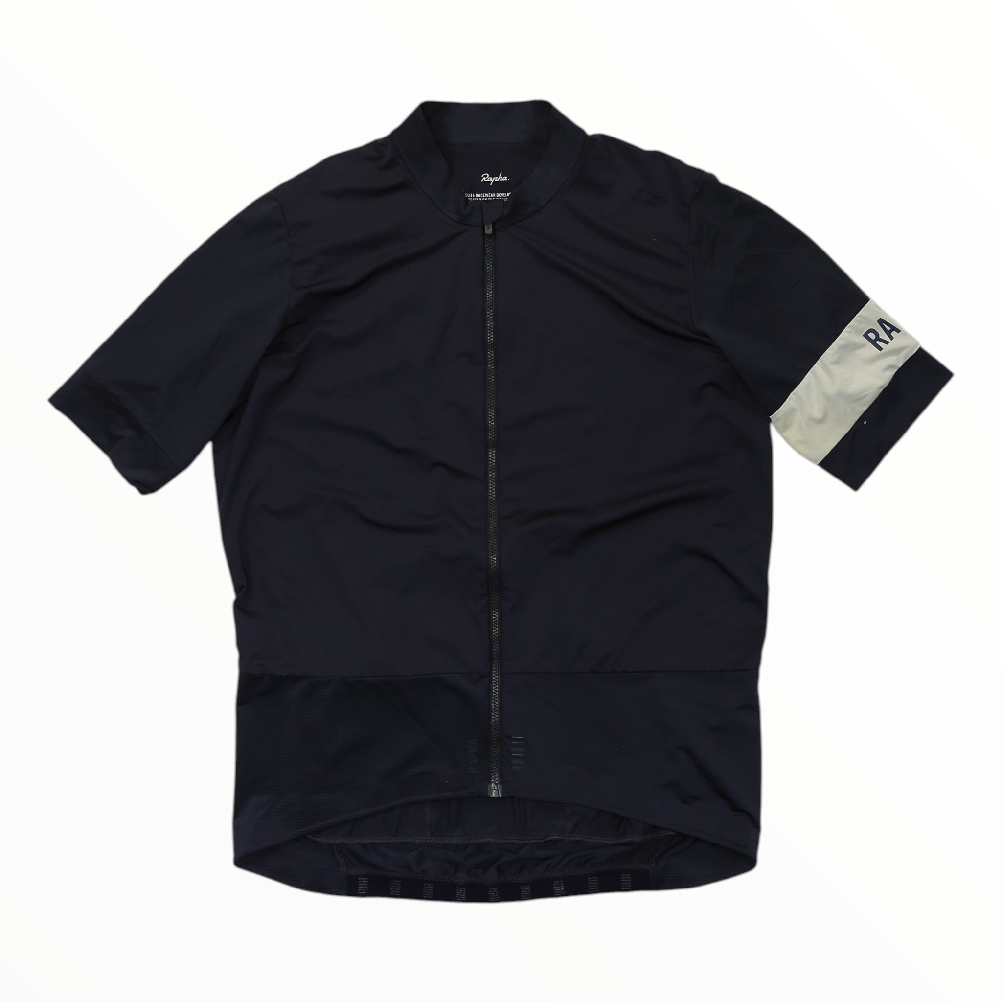 Men's cycling jersey, short sleeves, full front zip, black with white Rapha sleeve stripe
