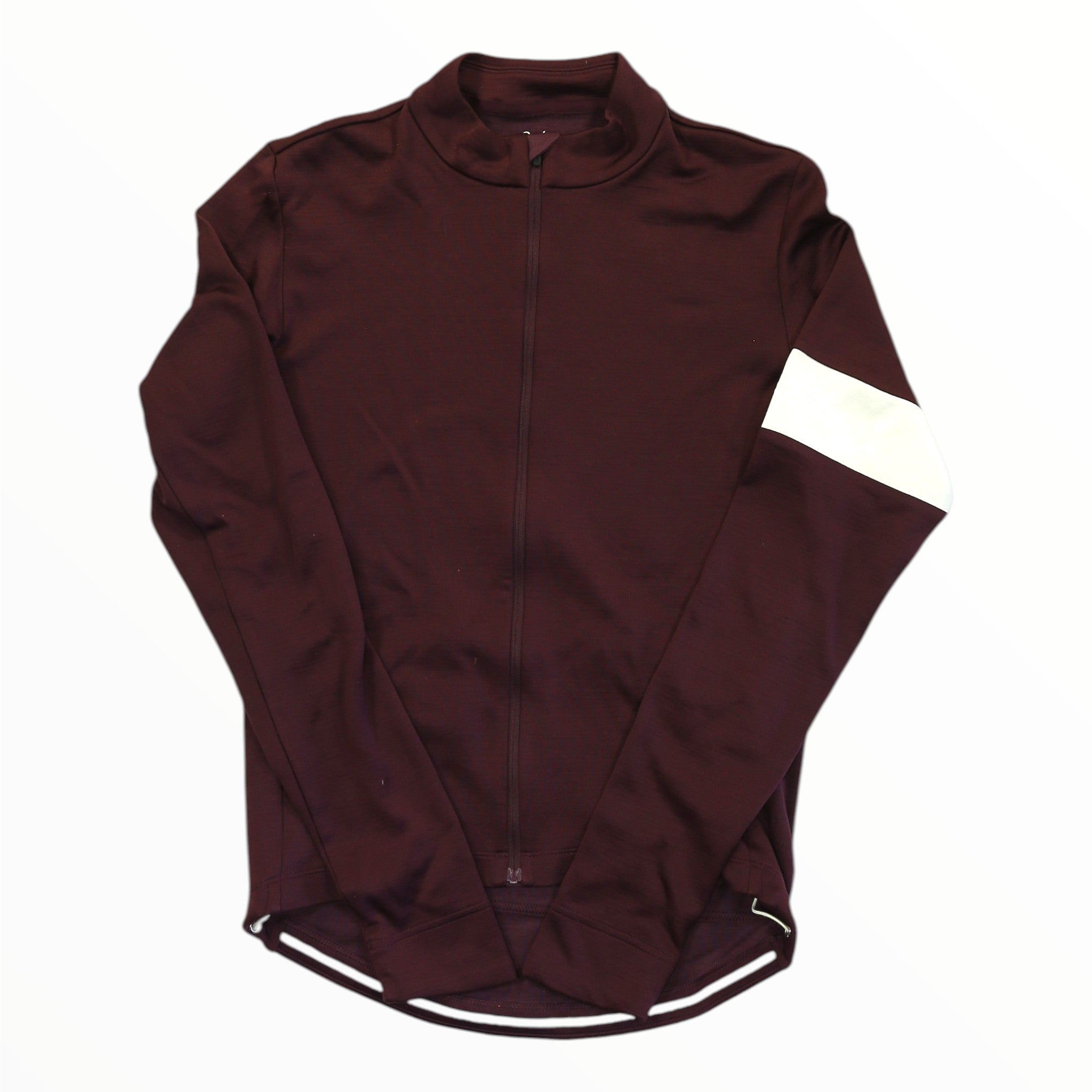 Men's long sleeve cycling jersey in dark maroon/brown, full front zip, stand collar.