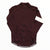 Men's long sleeve cycling jersey in dark maroon/brown, full front zip, stand collar.