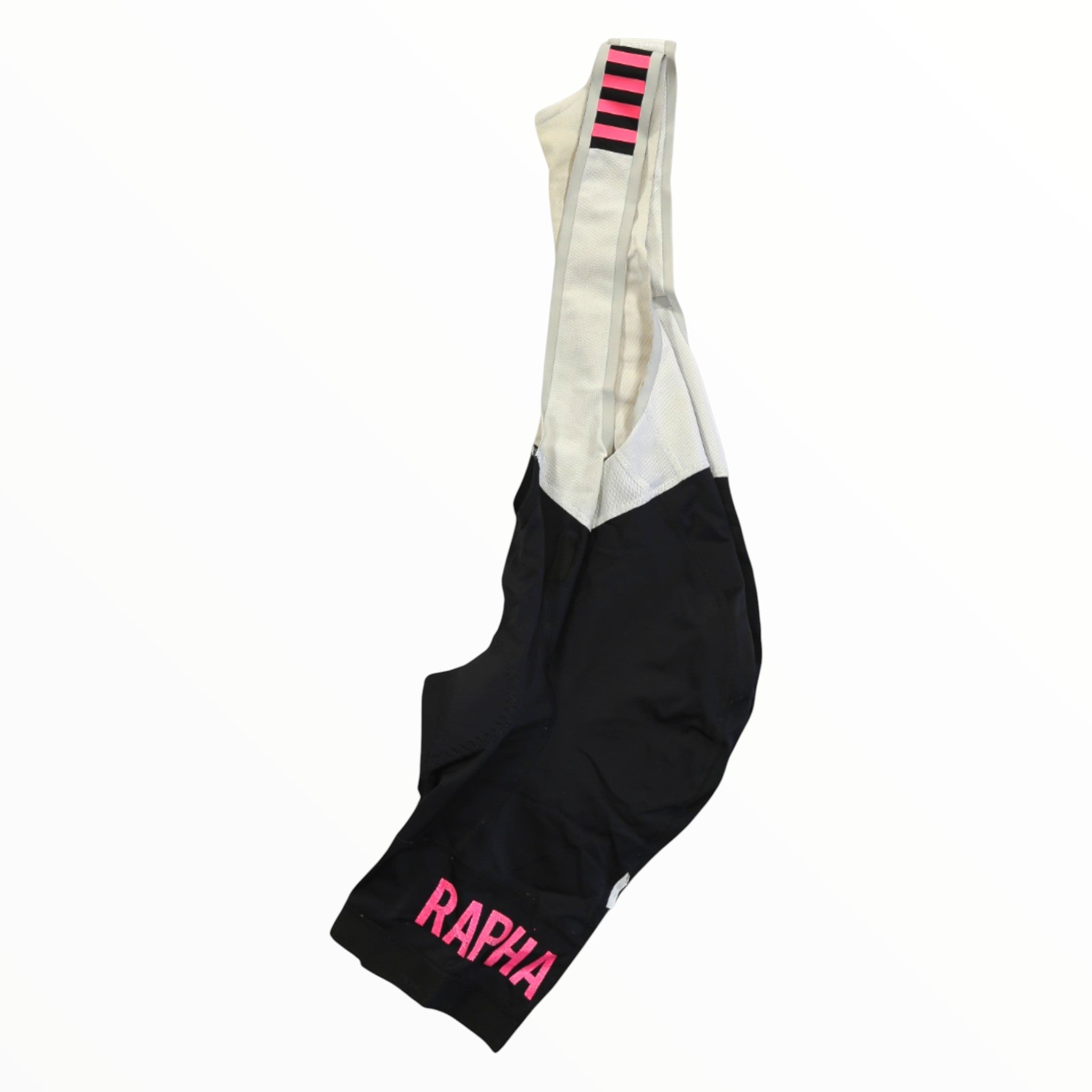 Men’s Rapha pro team cycling bib shorts, cream white upper with black lower, pink logo accents