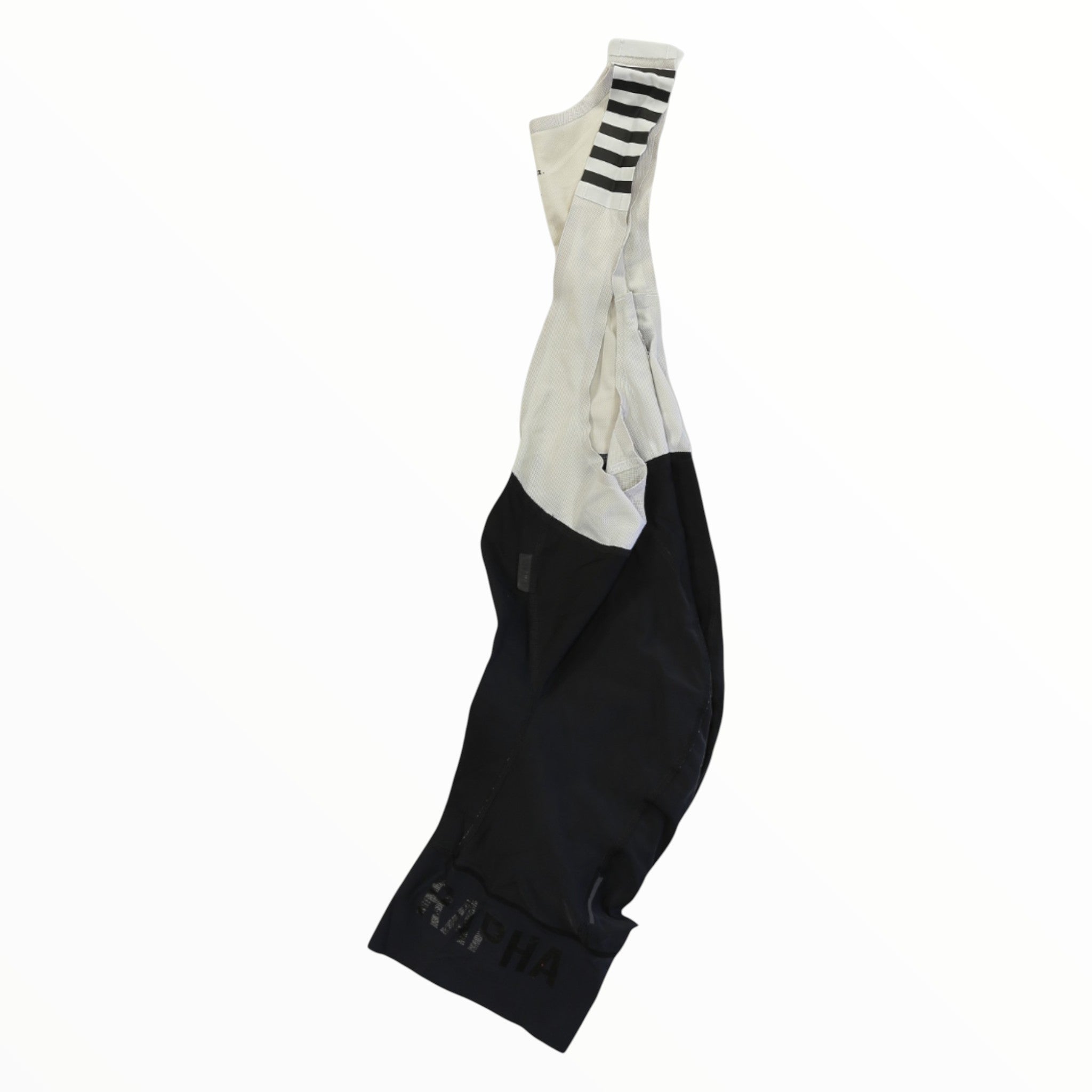 Men's cycling bib shorts, cream/white upper and black lower; dark Rapha logo on cuff.
