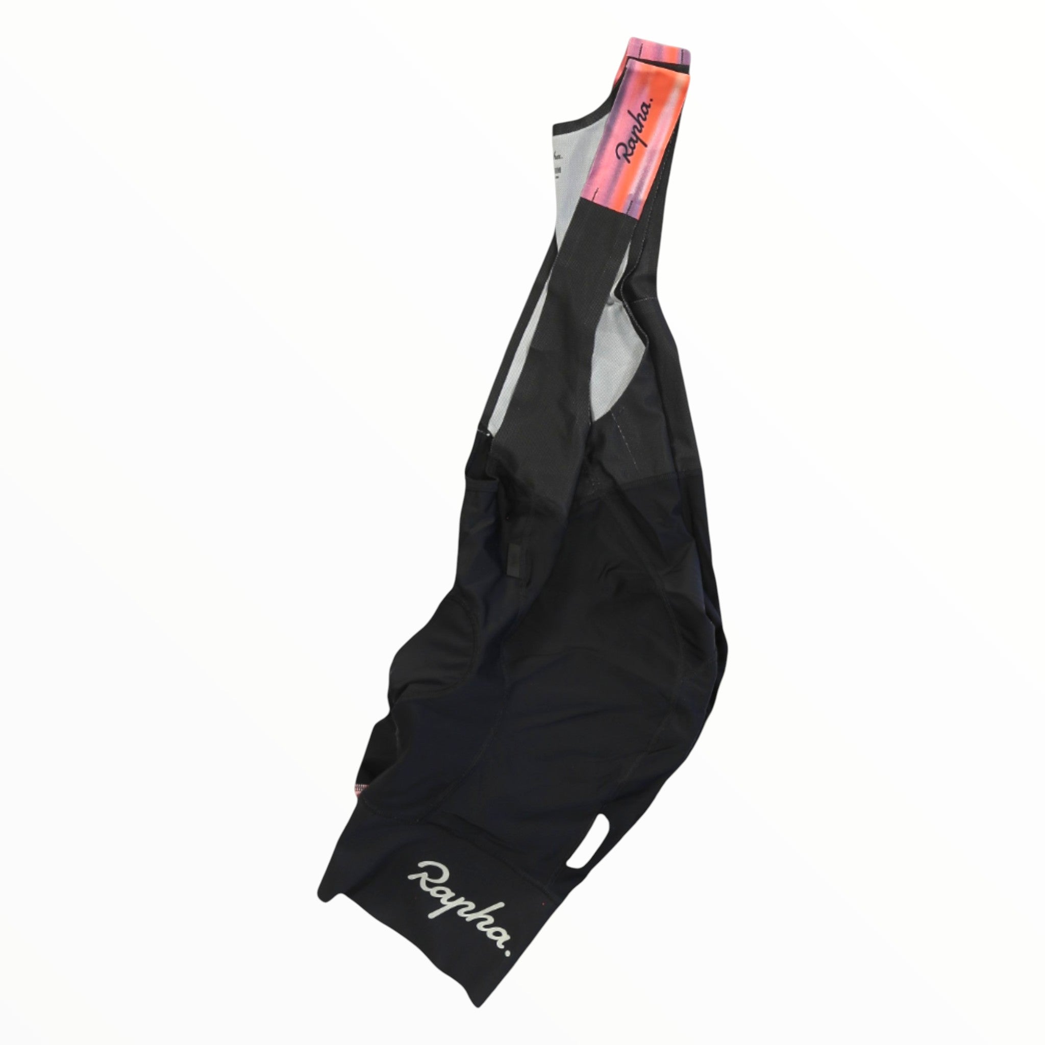 Men’s Rapha pro team cycling bib shorts, black with gray and white accents, red collar stripe