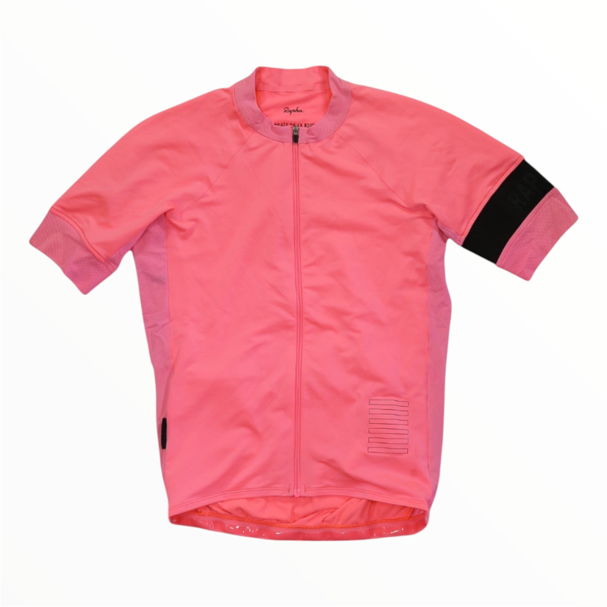 Pink cycling jersey with full front zipper, short sleeves, black contrast accent on arm.