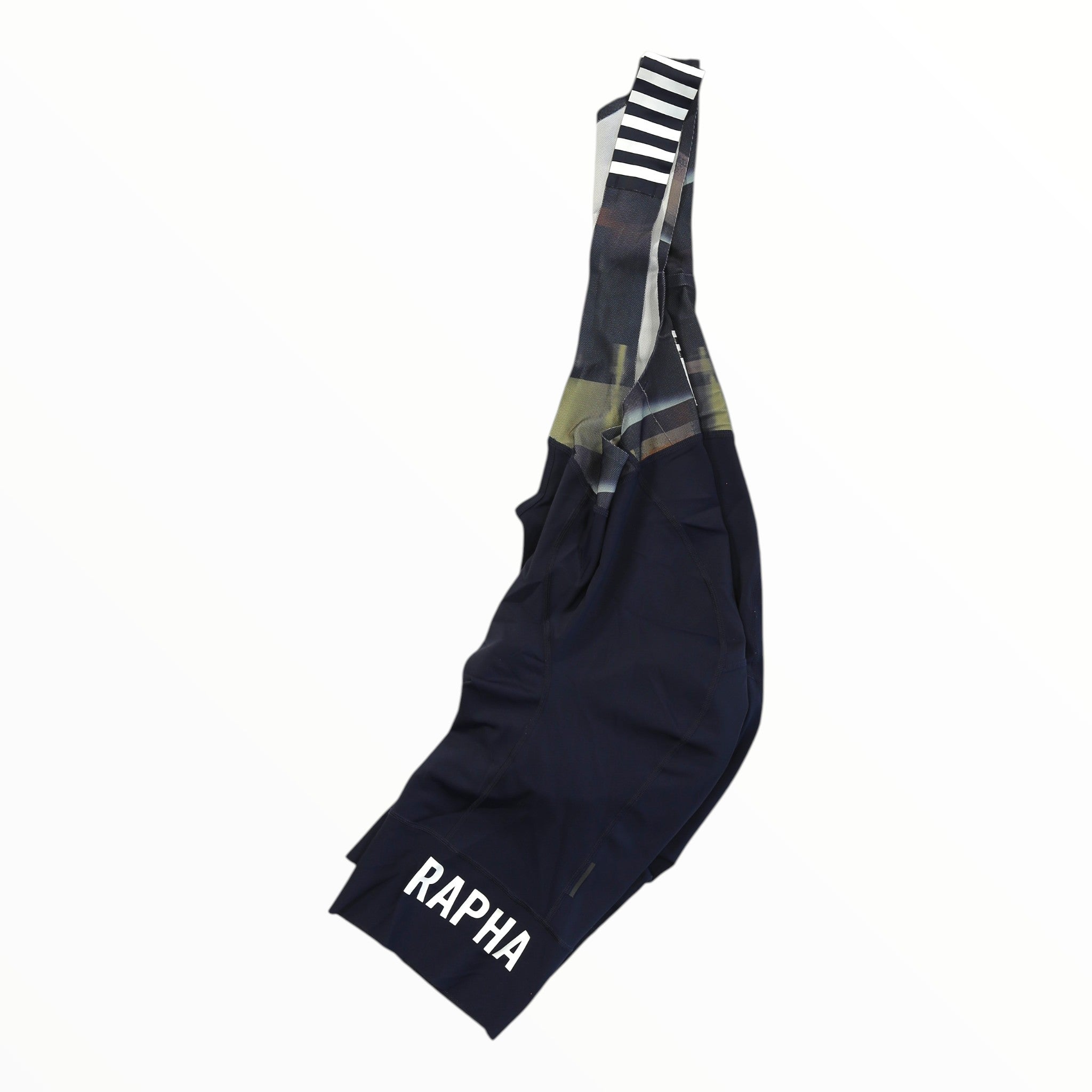 Men's Rapha bib shorts in dark navy with white striped bib and Rapha branding.