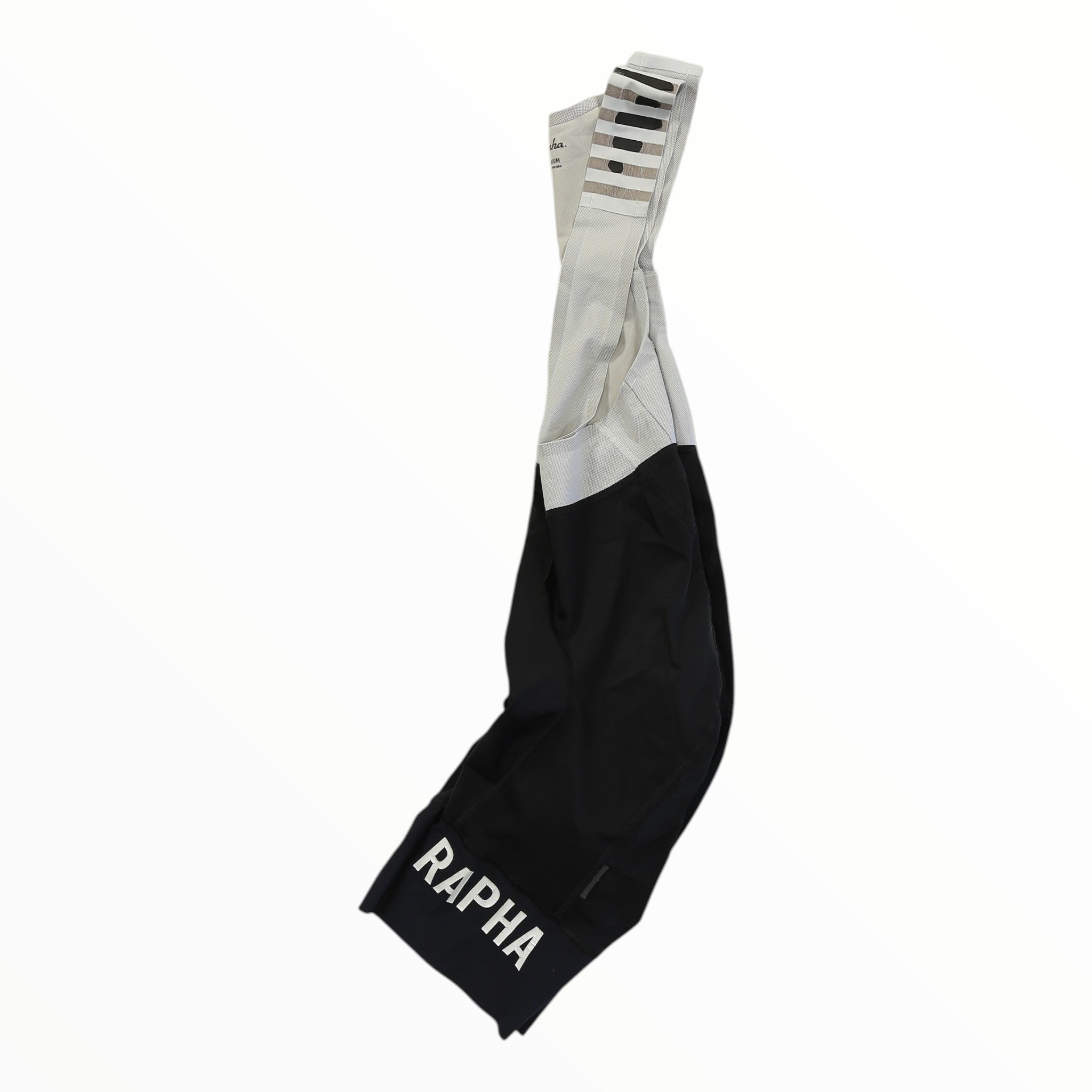 Rapha Pro Team bib shorts with black shorts, white bib, striped cuff detail, RAPHA print