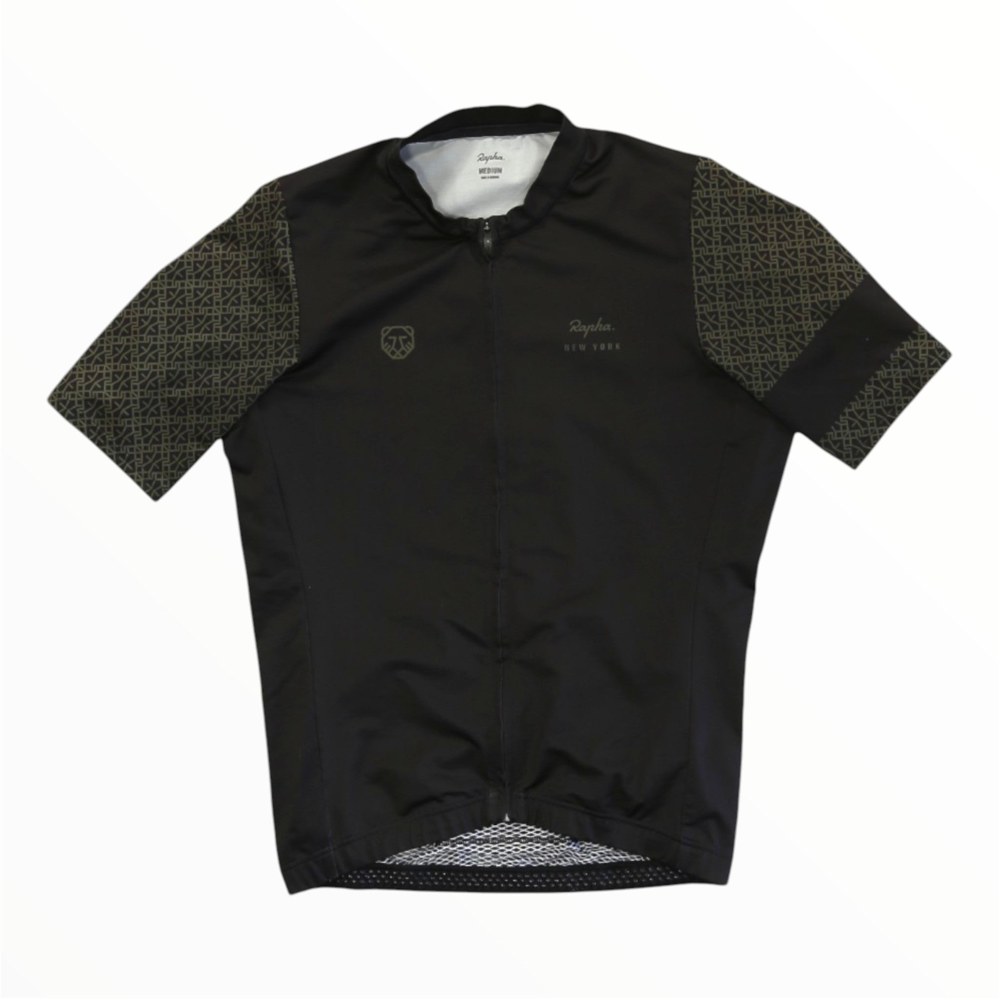 Black midweight cycling jersey with short sleeves and quarter zip, patterned sleeve panels.