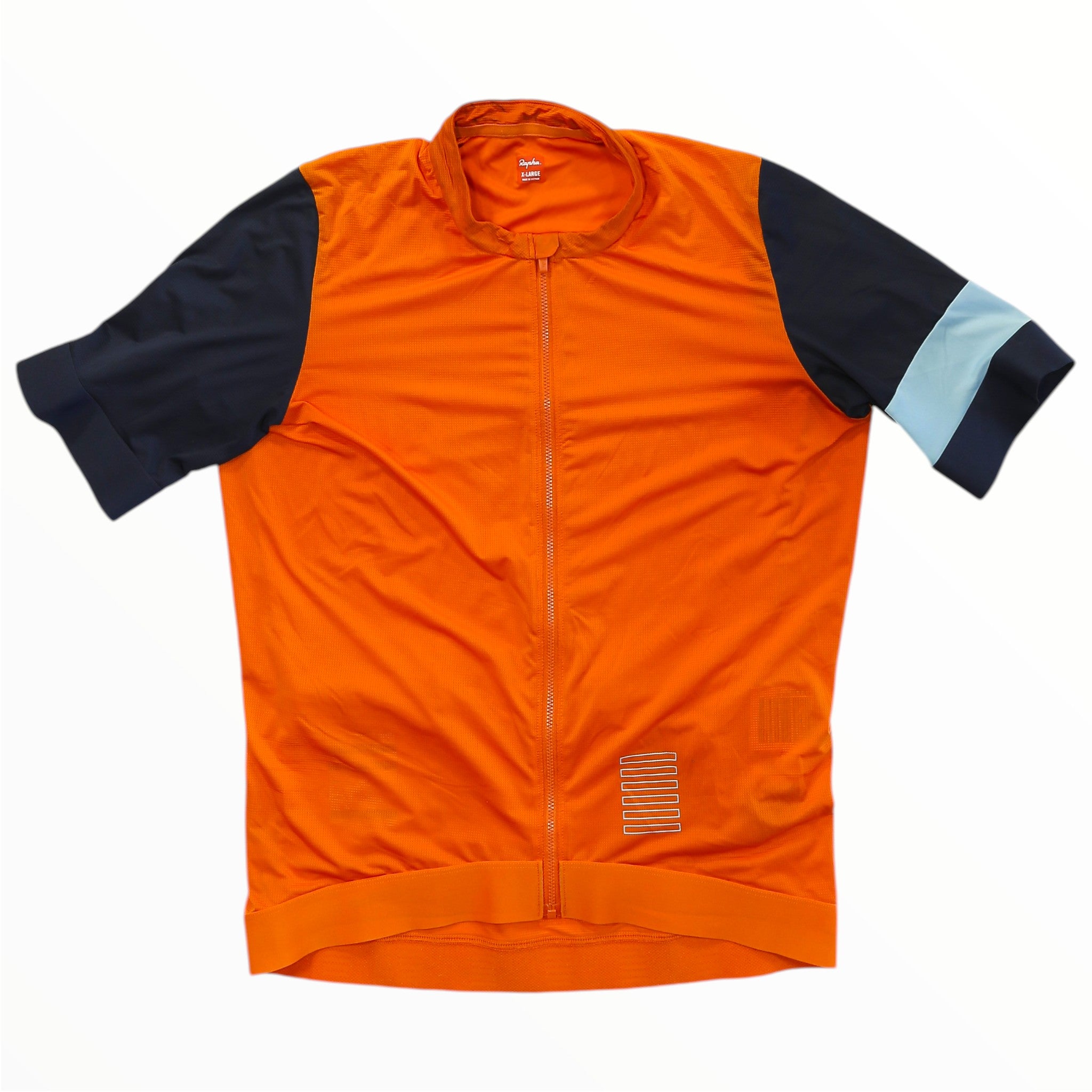 Men's training jersey, orange with navy sleeves and light blue shoulder accents, full-zip front