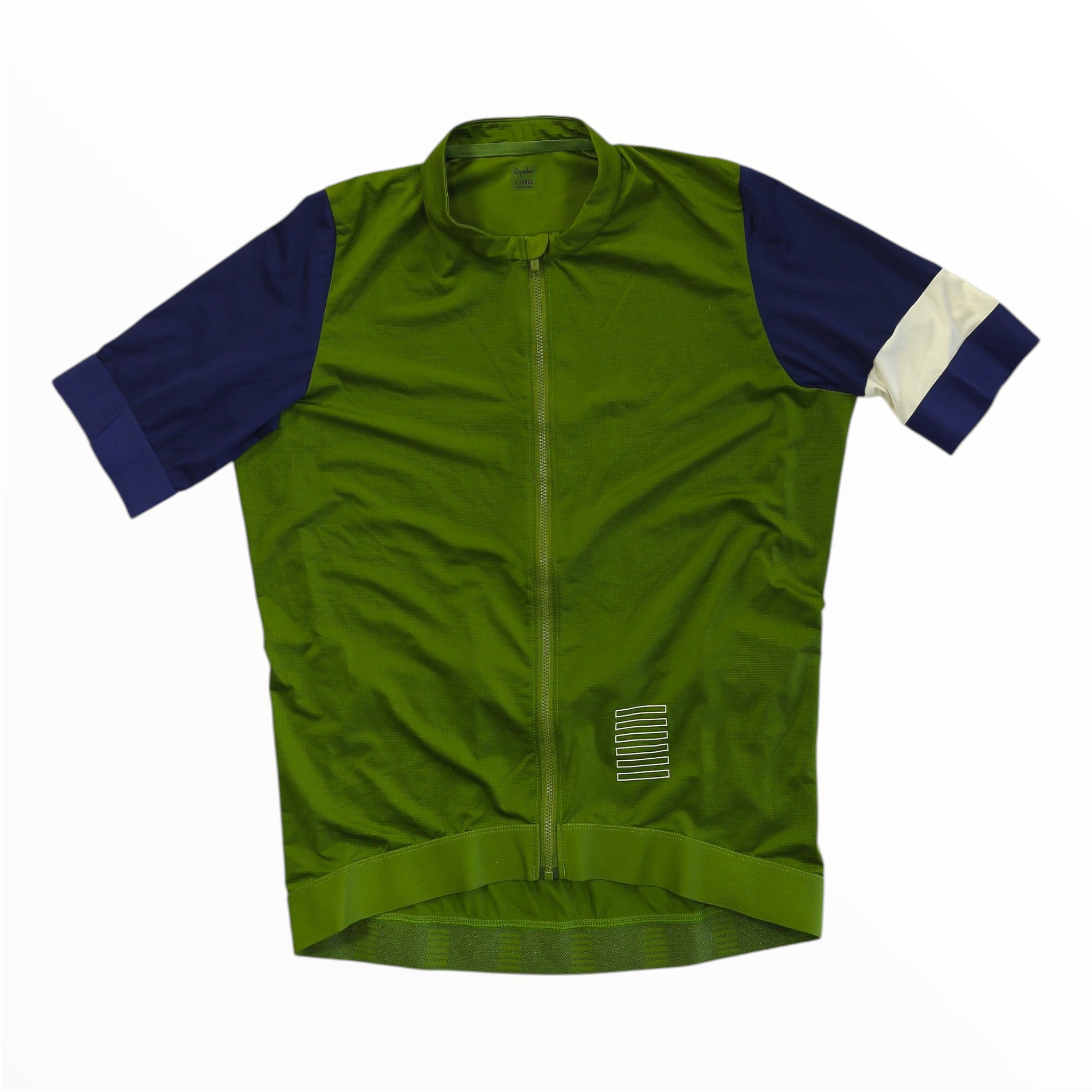 Men's training jersey, green body with navy side panels and cream shoulder accents, full-zip