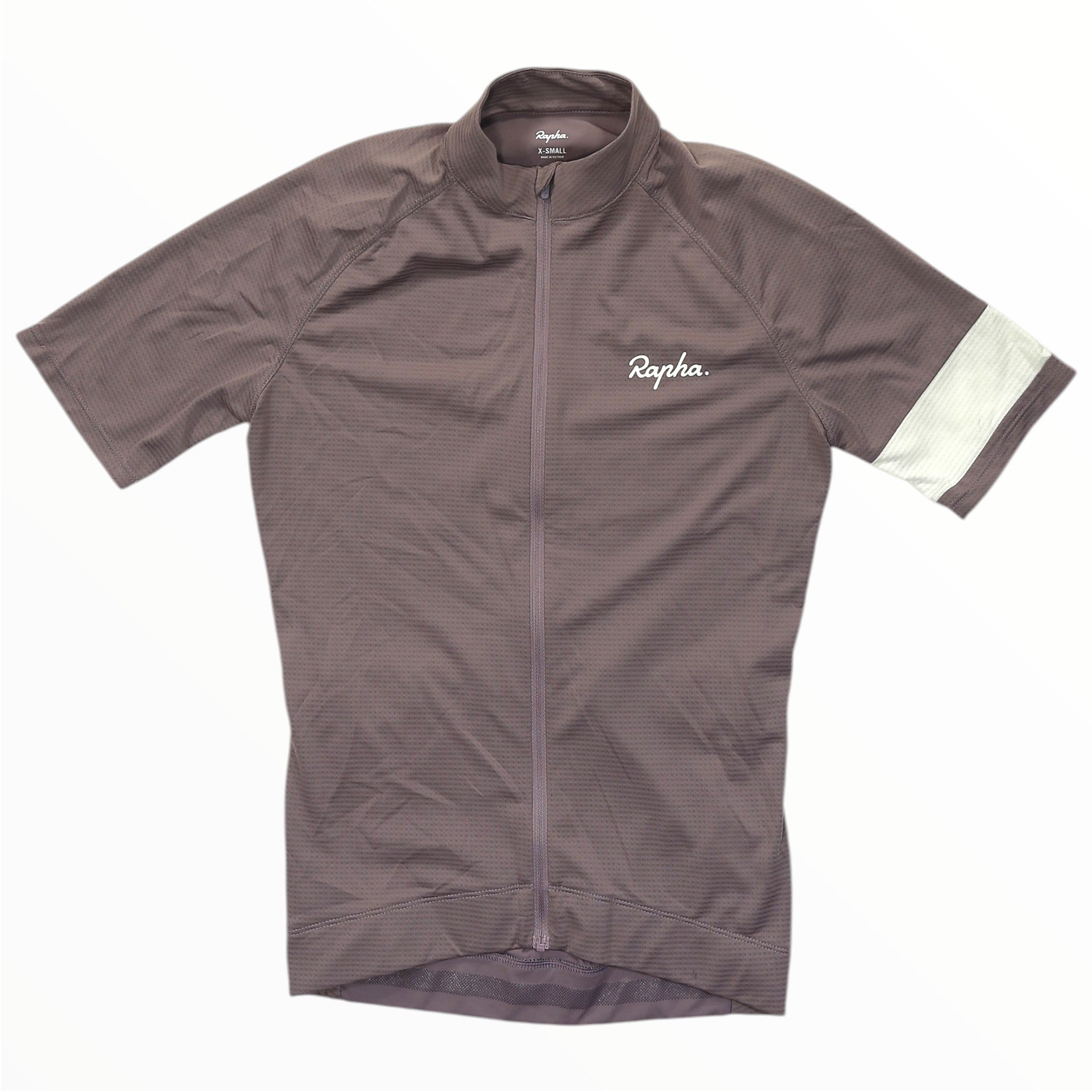 Men's lightweight cycling jersey, full-zip front, short sleeves, gray with white sleeve stripe.
