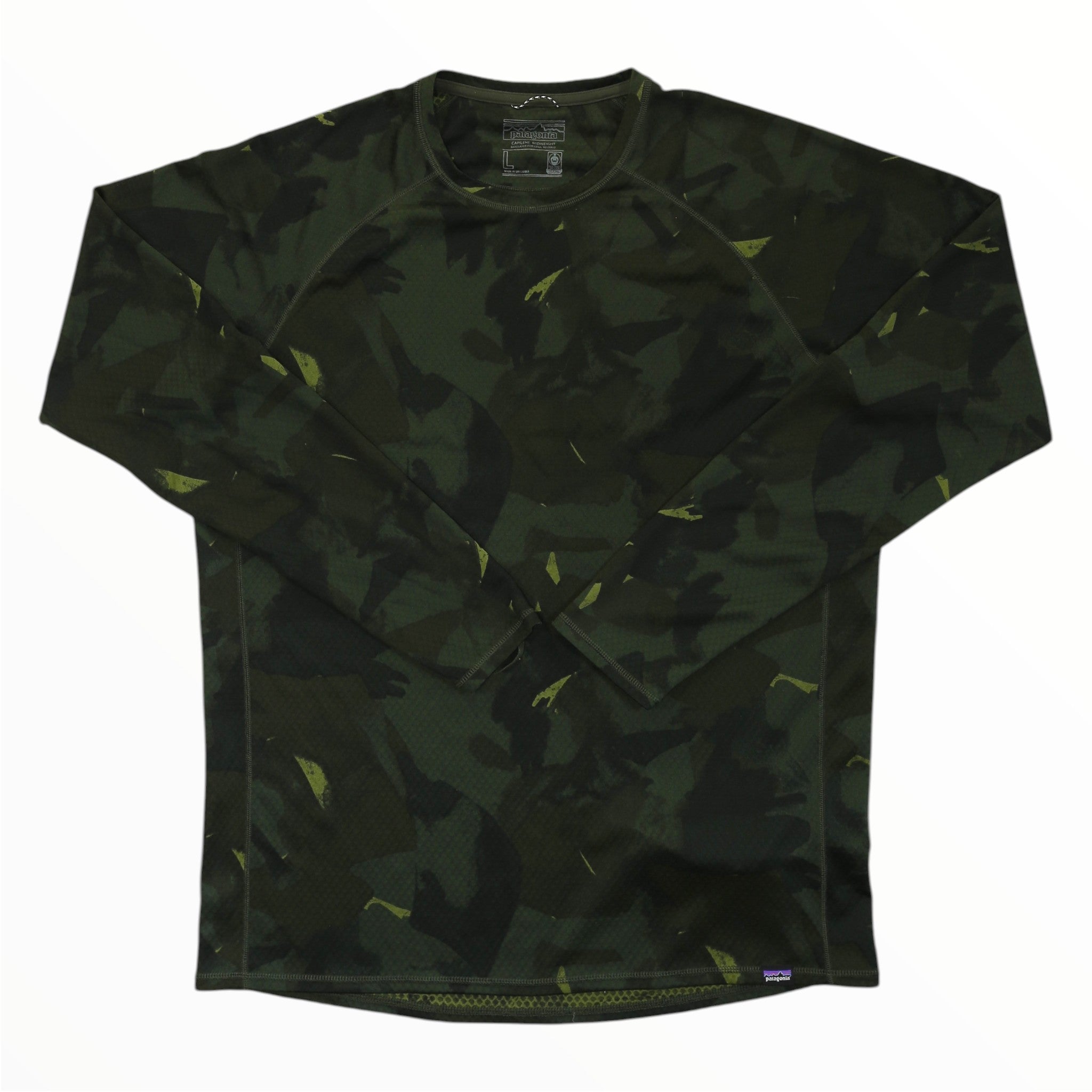 Men's Capilene midweight crew shirt, green camo long-sleeve with crew neck