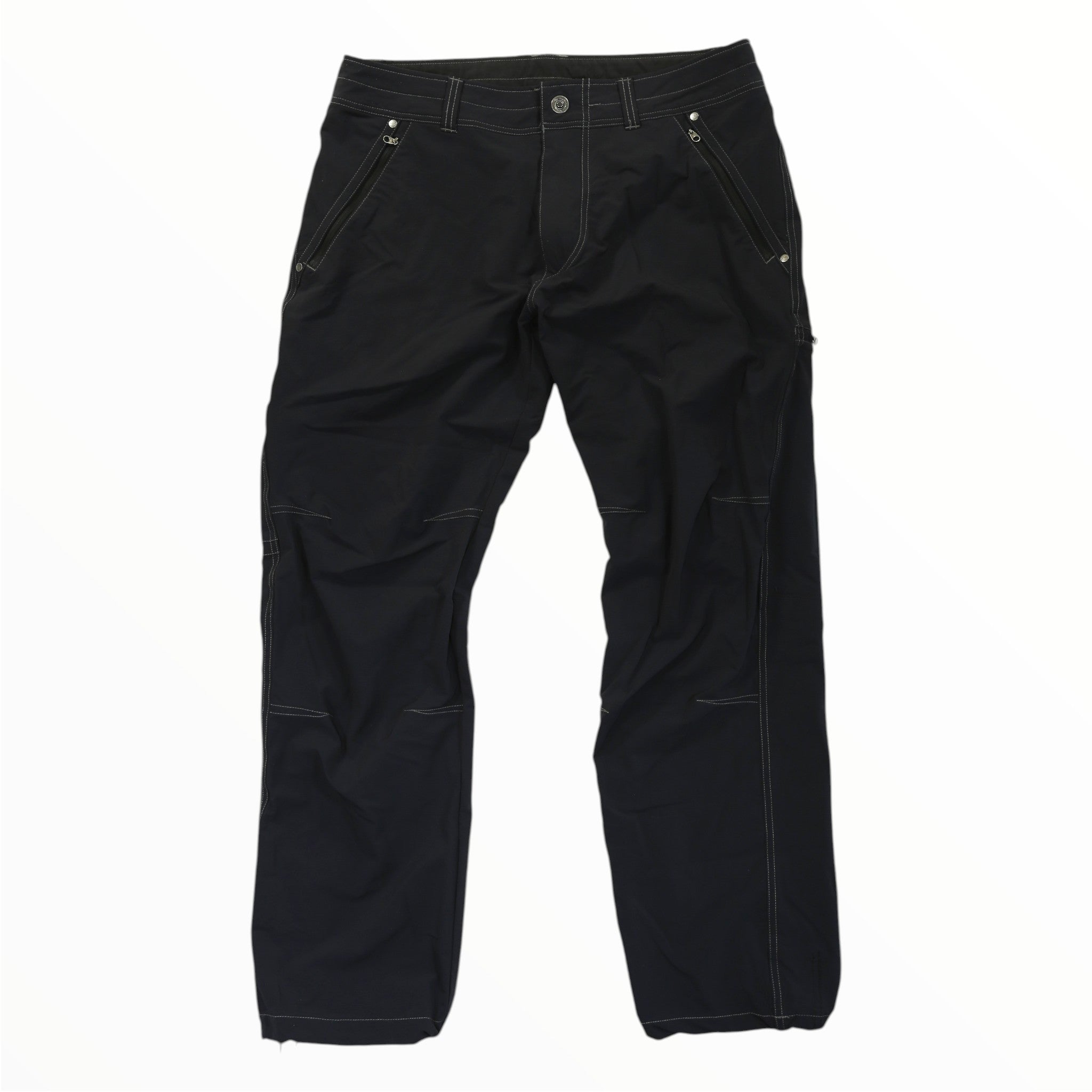 Kuhl Renegade black cargo pants with button waist and zip fly, side utility pockets