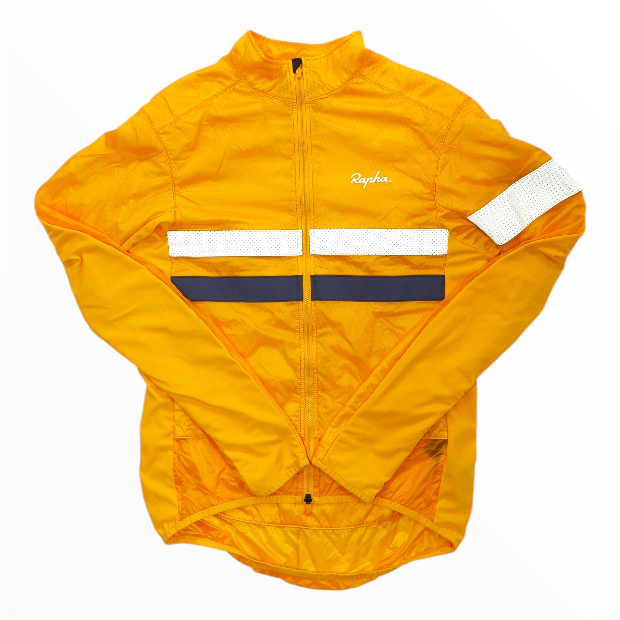 Men's insulated cycling jacket, bright yellow with white and dark navy chest stripe
