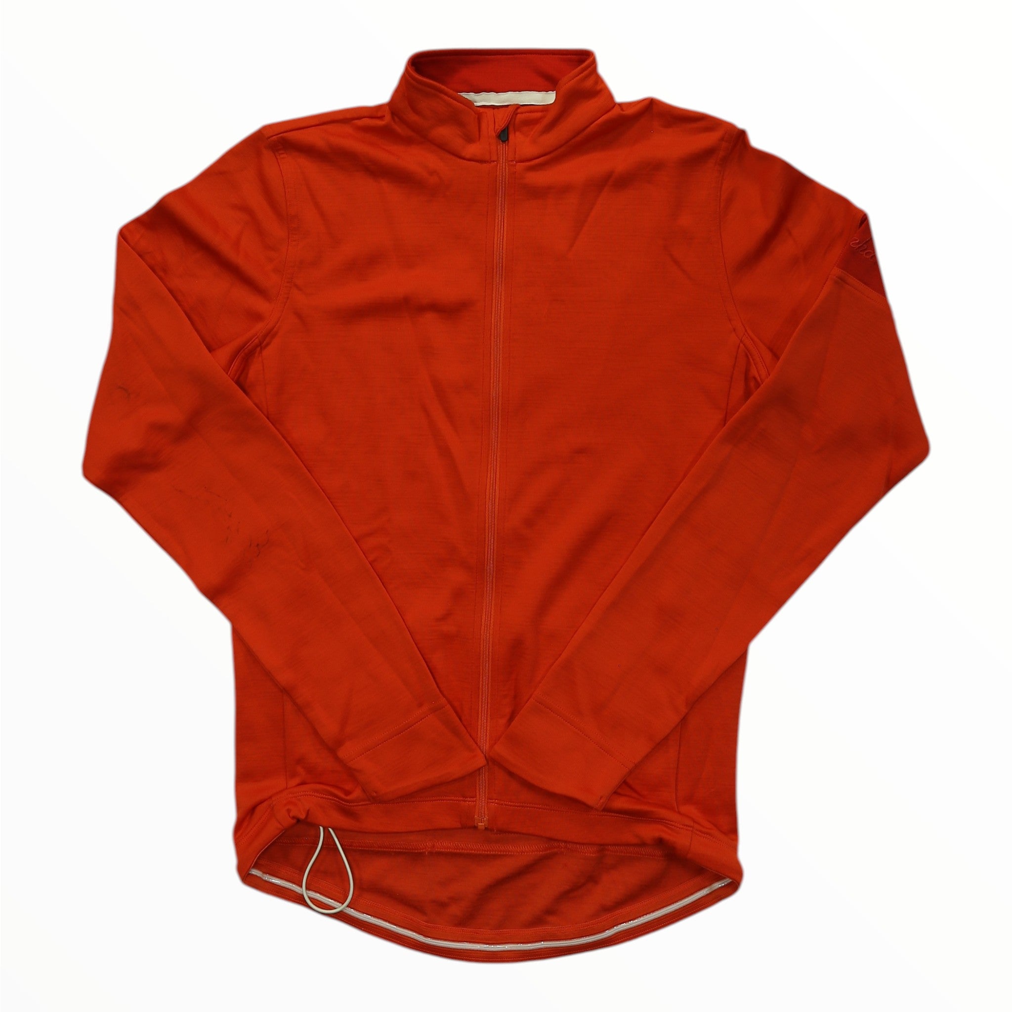 Men's long sleeve cycling jersey in orange, full front zip, ribbed hem trim.