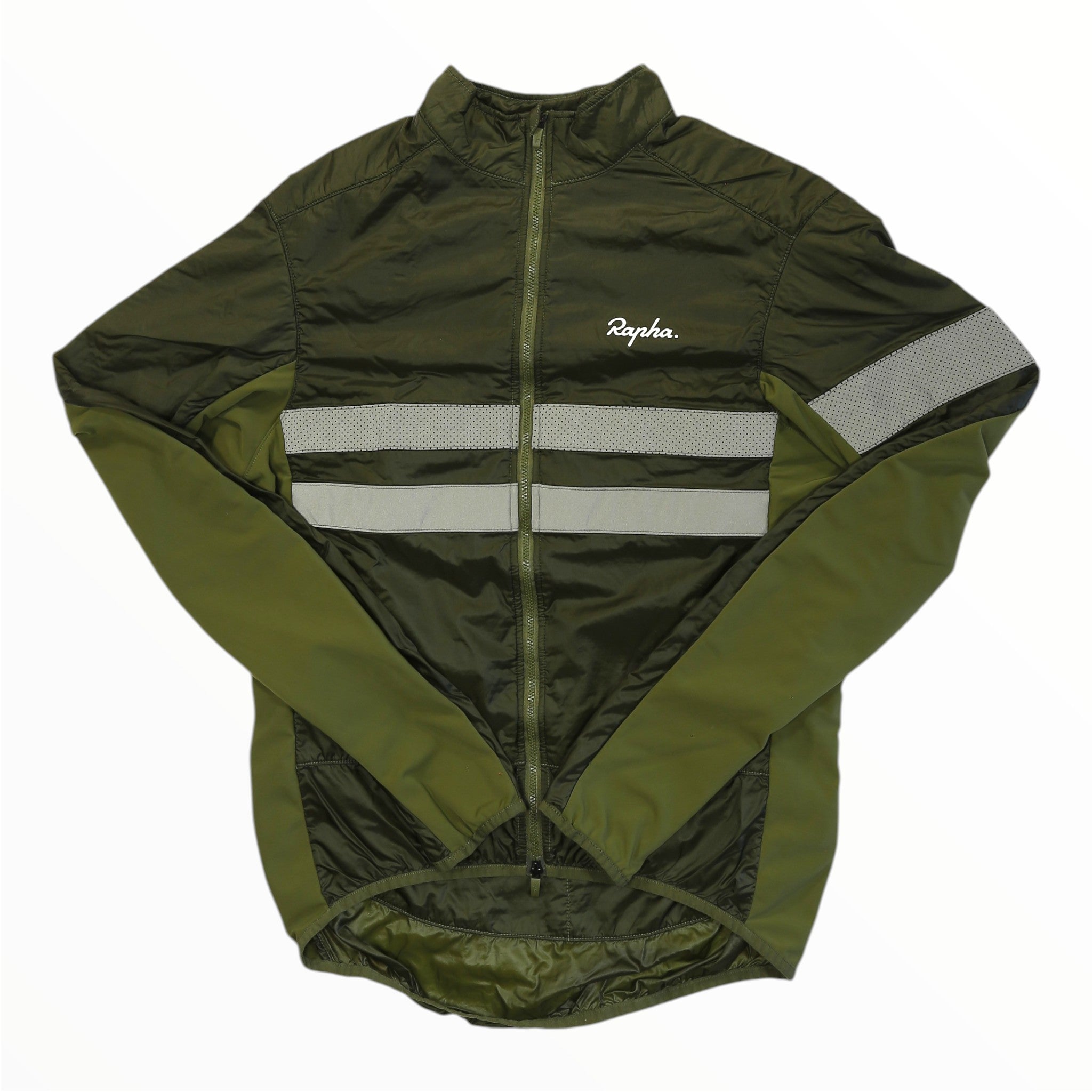 Men's insulated cycling jacket, olive green with gray stripe and white sleeve panel