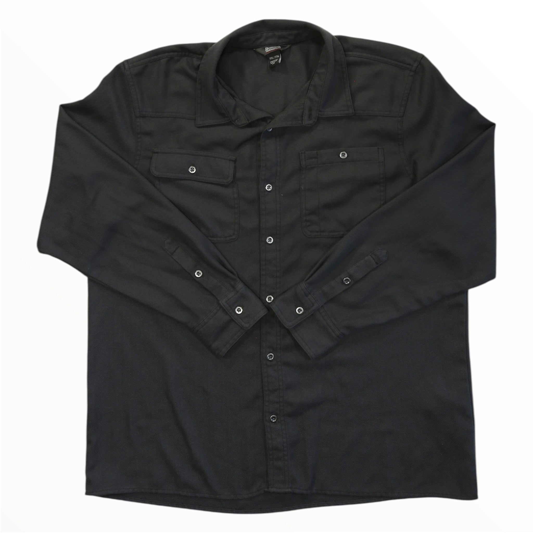Men's dark button-up shirt with long sleeves, button front, and two chest pockets