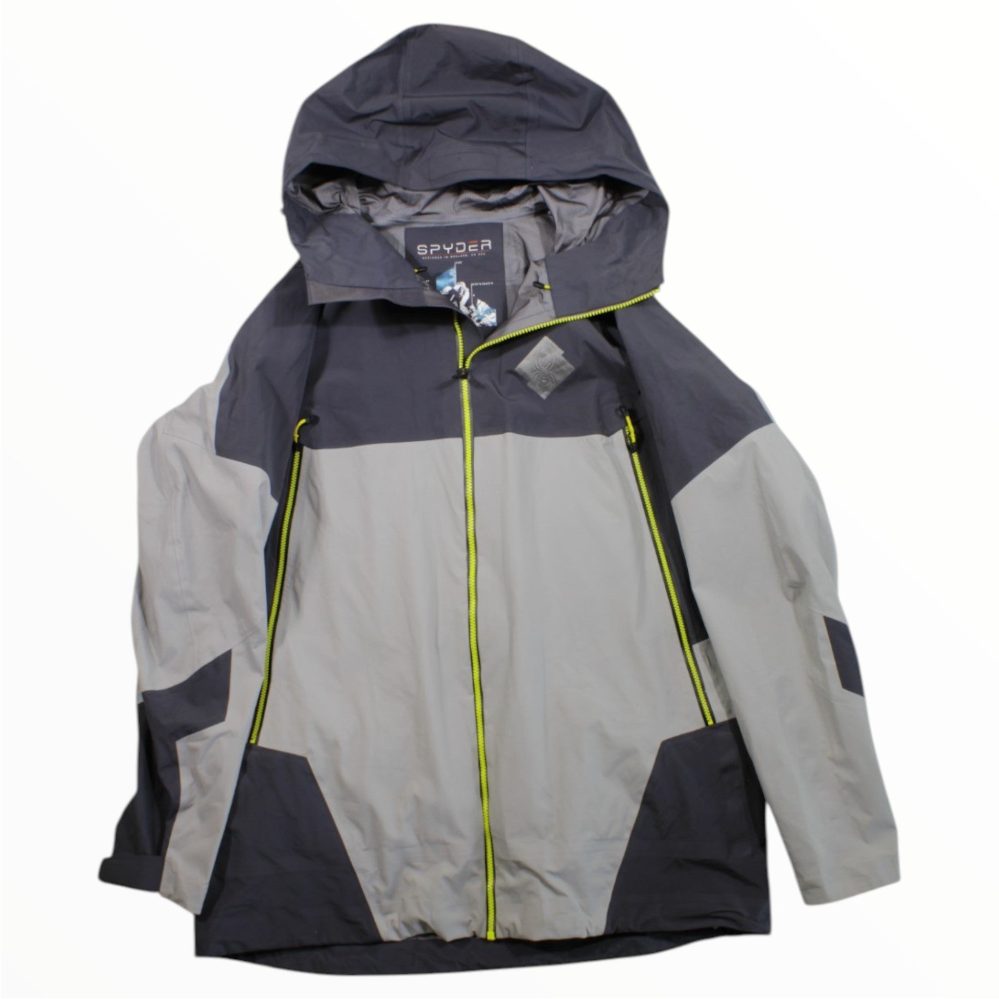 The Spyder Men's Sanction GTX Pro Shell, a gray and light gray color-blocked waterproof hooded jacket with neon yellow zippers, is displayed flat against a white background.