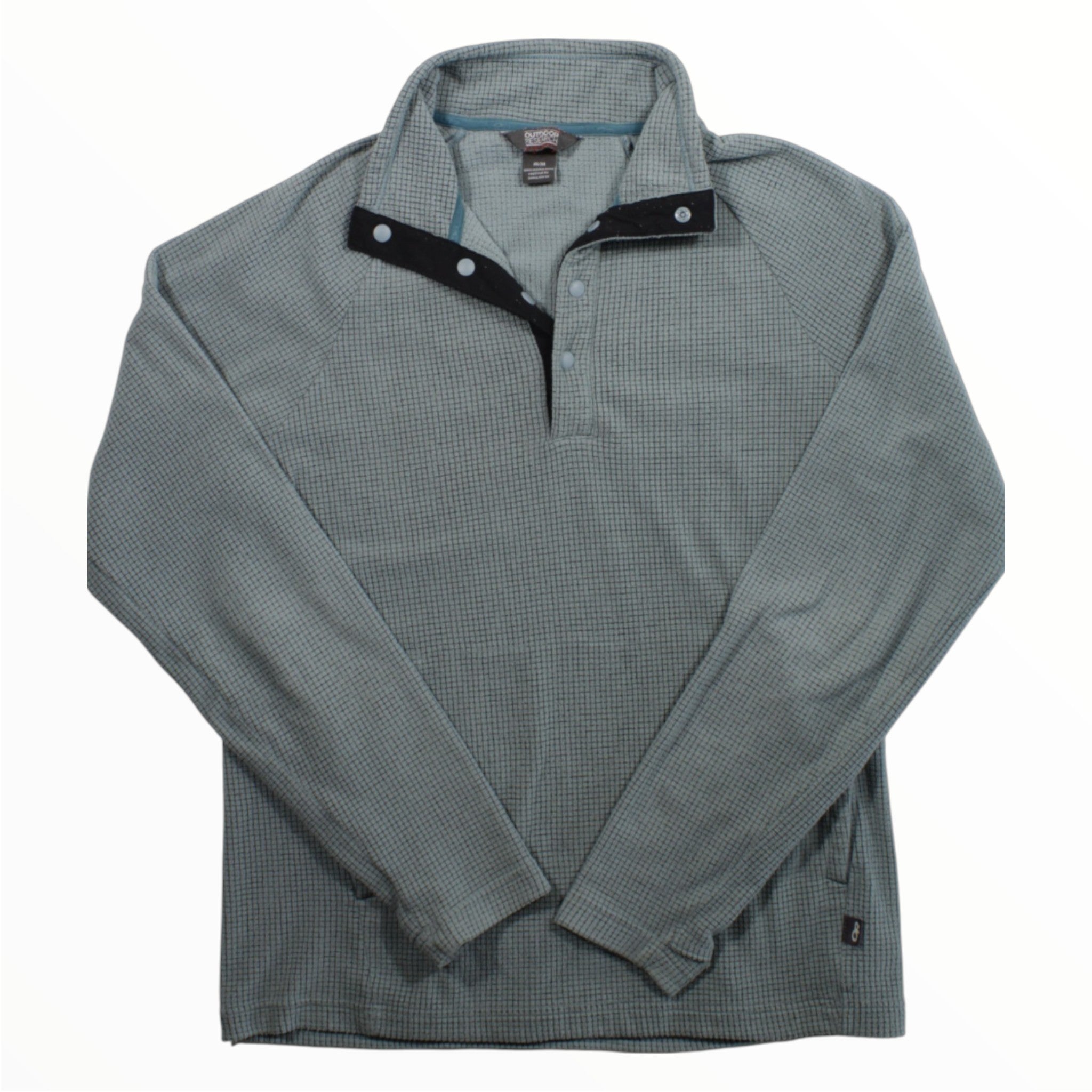 Men's grey snap pullover with button placket and stand collar