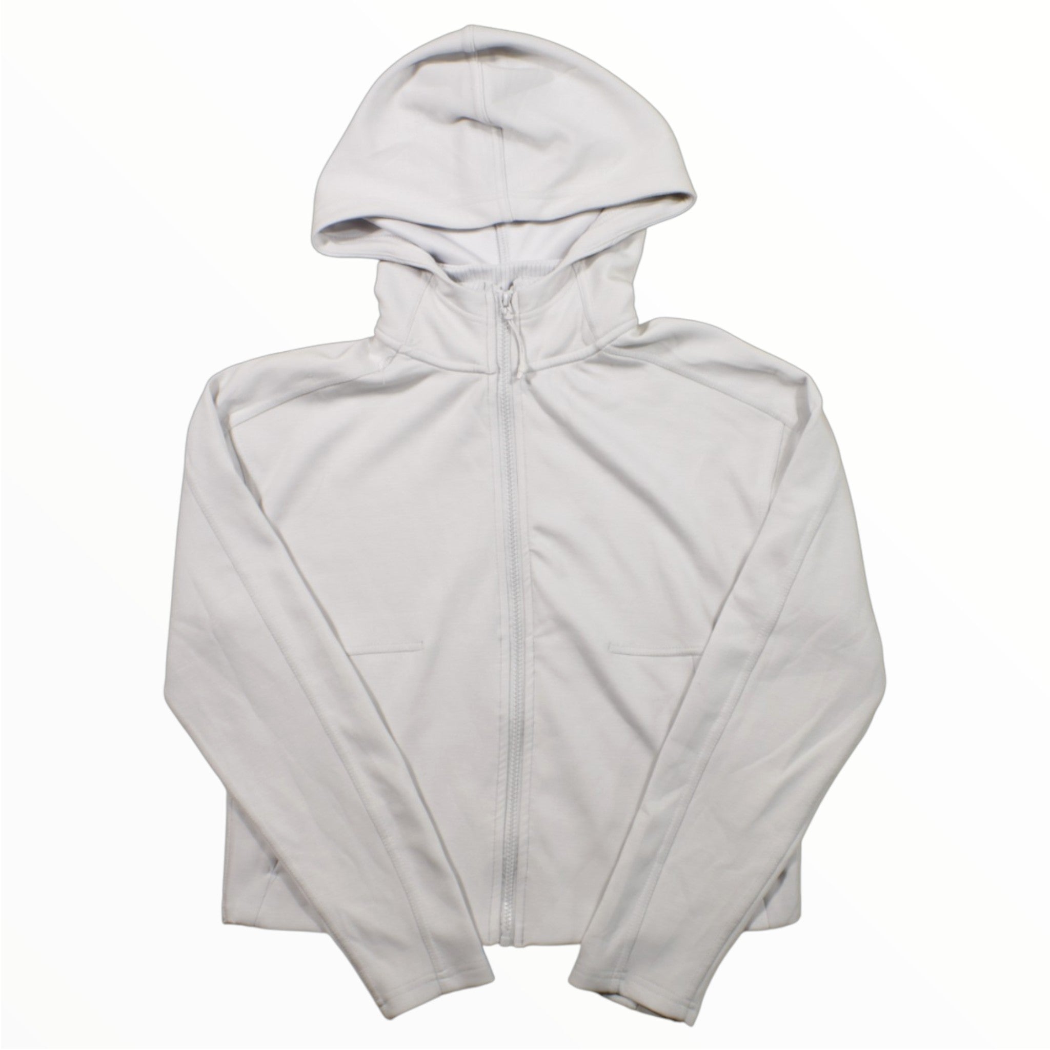 The Spyder Womens Full Zip Active Jacket features a plain white design with a hood, long sleeves, and two front pockets—ideal for activewear or outdoor adventures.