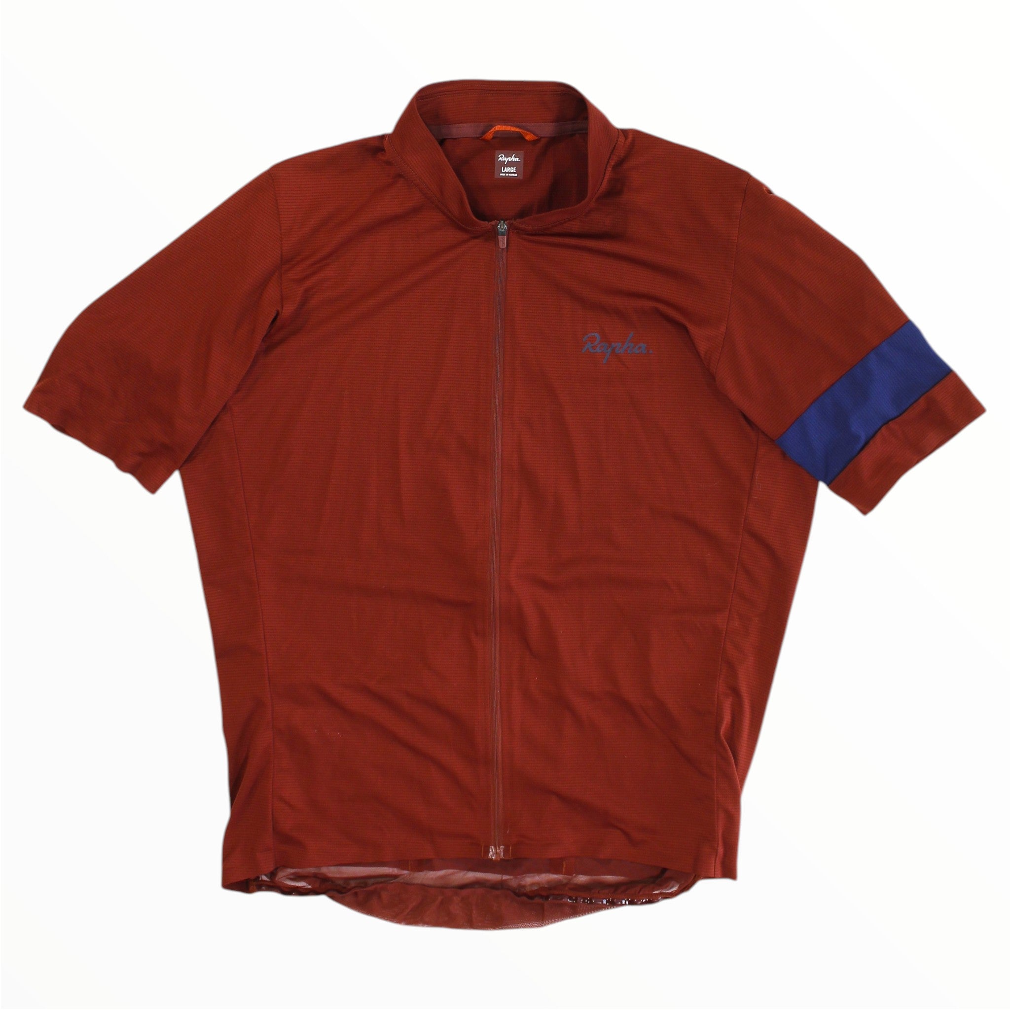 Men's Rapha flyweight cycling jersey, maroon with blue side panel, full-zip