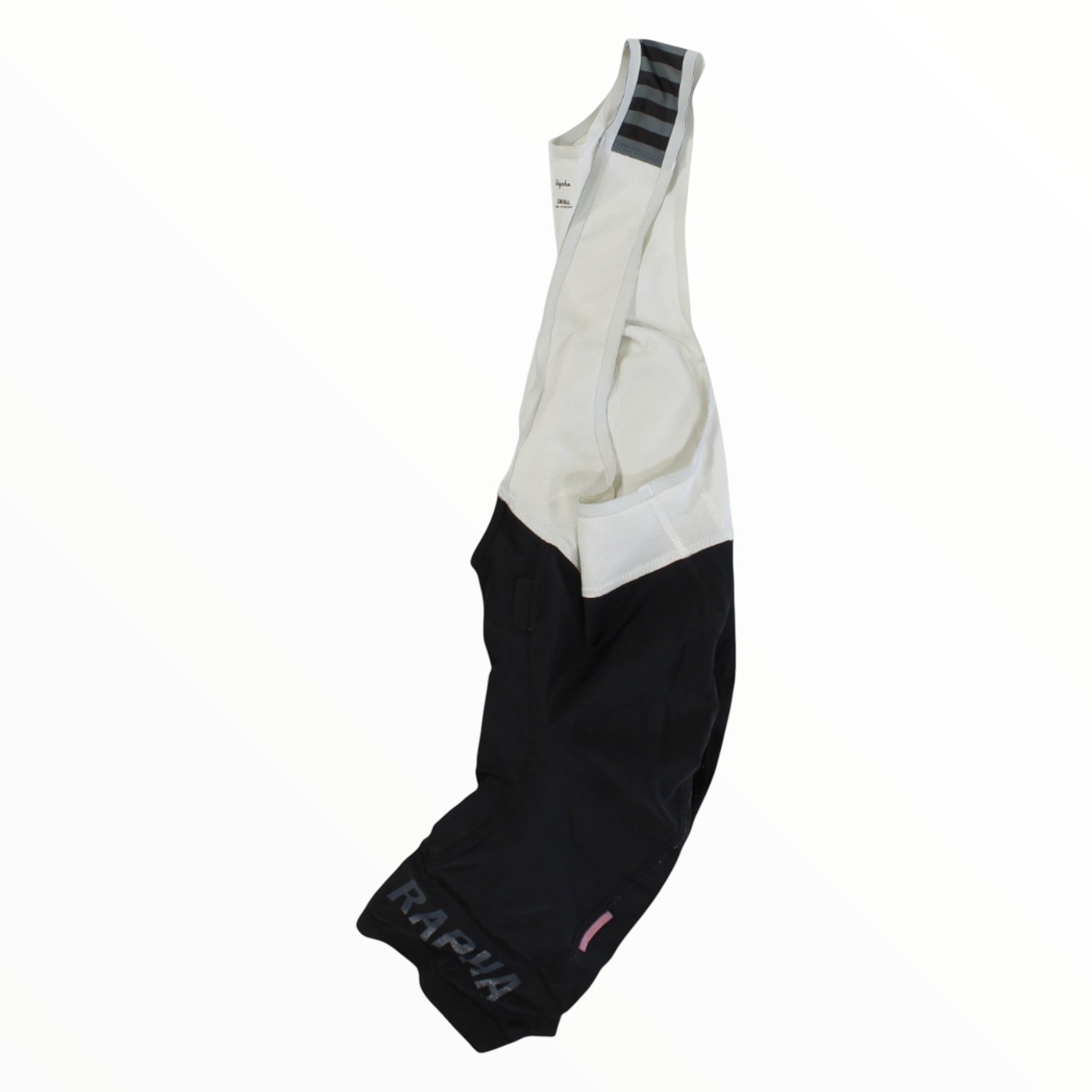 Men’s Rapha pro team cycling bib shorts, white upper with black lower, gray striped shoulder