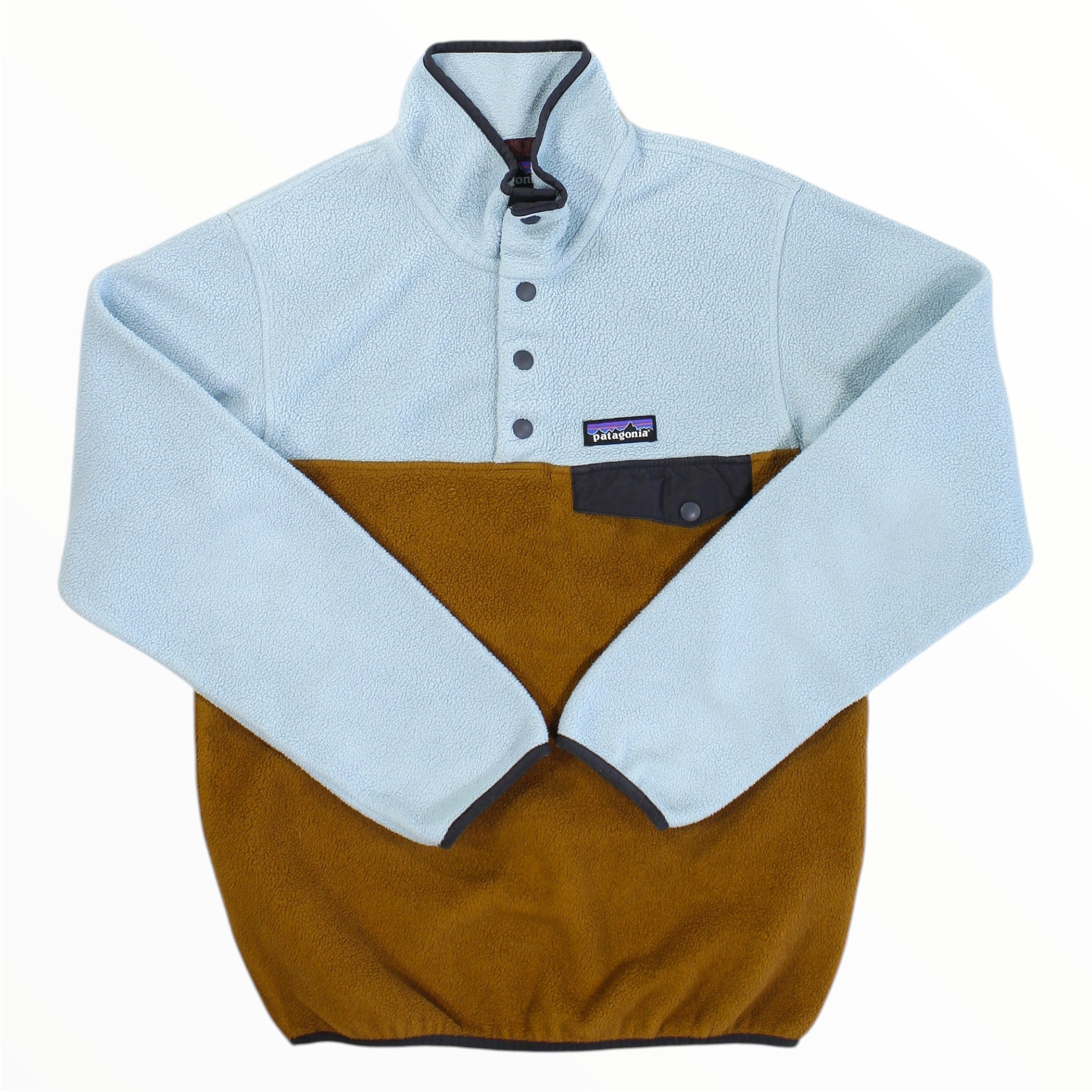Two-tone fleece pullover with snap-button quarter placket, light blue and brown front