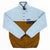 Two-tone fleece pullover with snap-button quarter placket, light blue and brown front