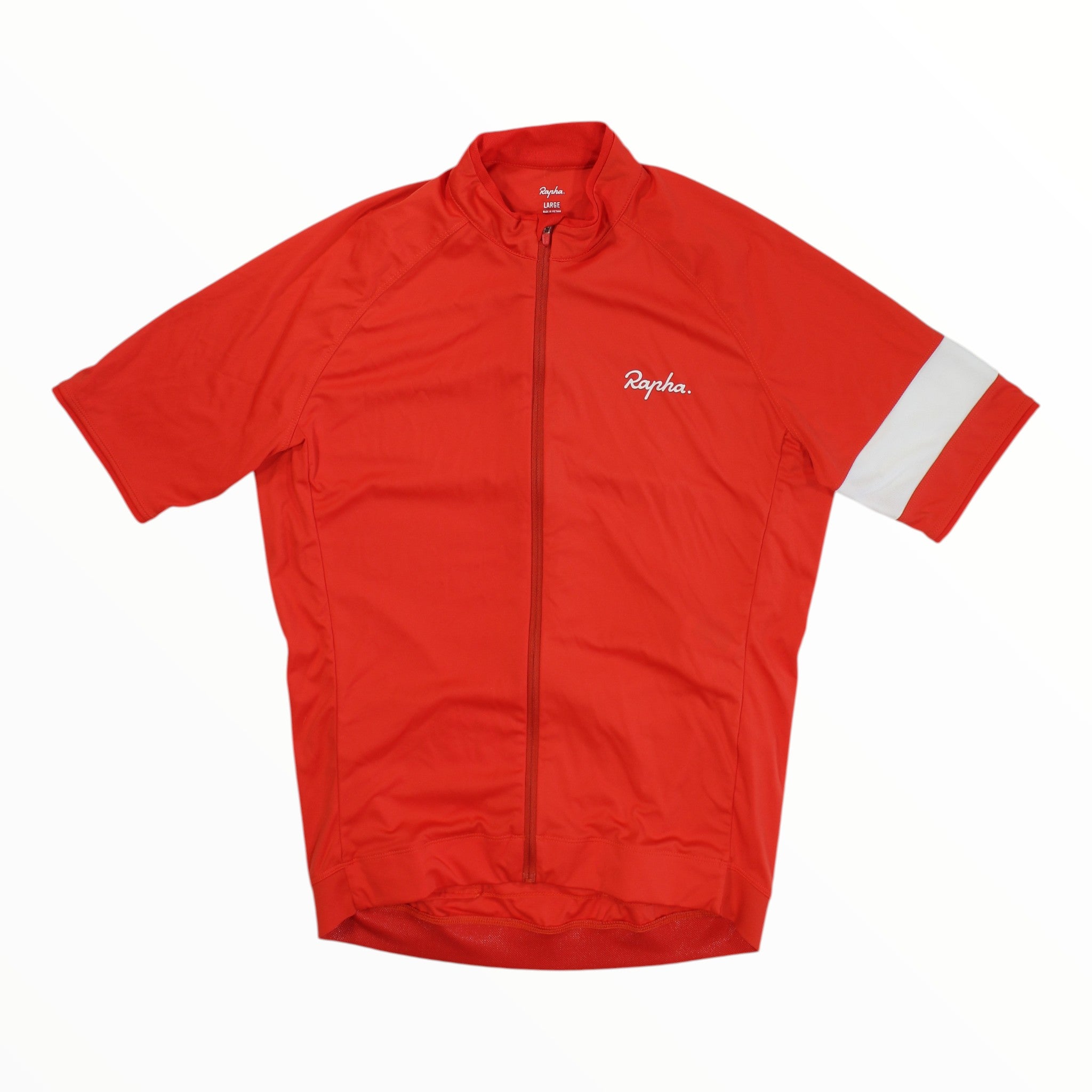 A Rapha Mens Core Jersey in red, designed with short sleeves, a front zipper, a distinctive white stripe on the left sleeve, and the signature Rapha logo on the chest—an essential piece of men’s cycling apparel from Rapha.