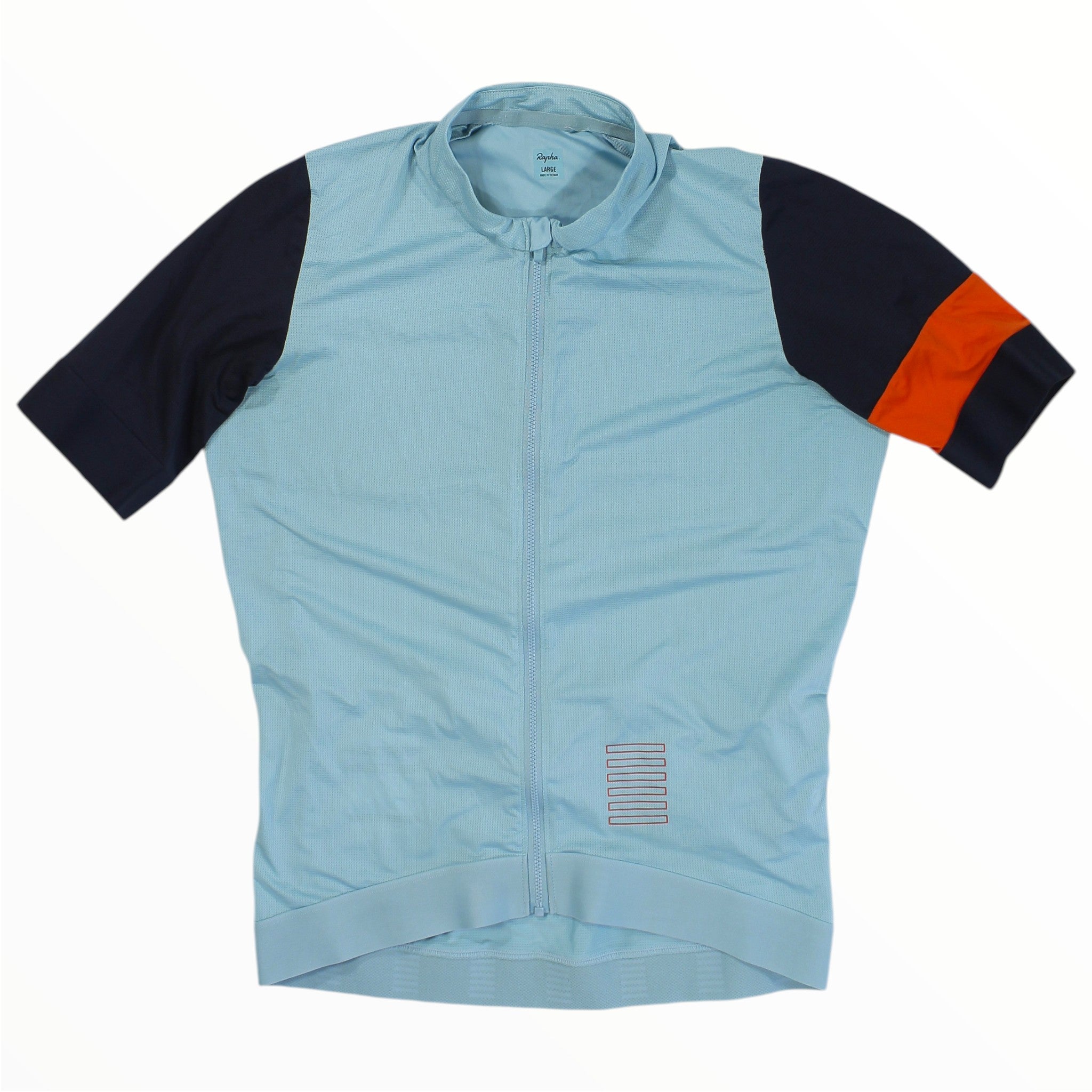 Sky blue womens cycling training jersey with navy side panels, full-zip short sleeves.