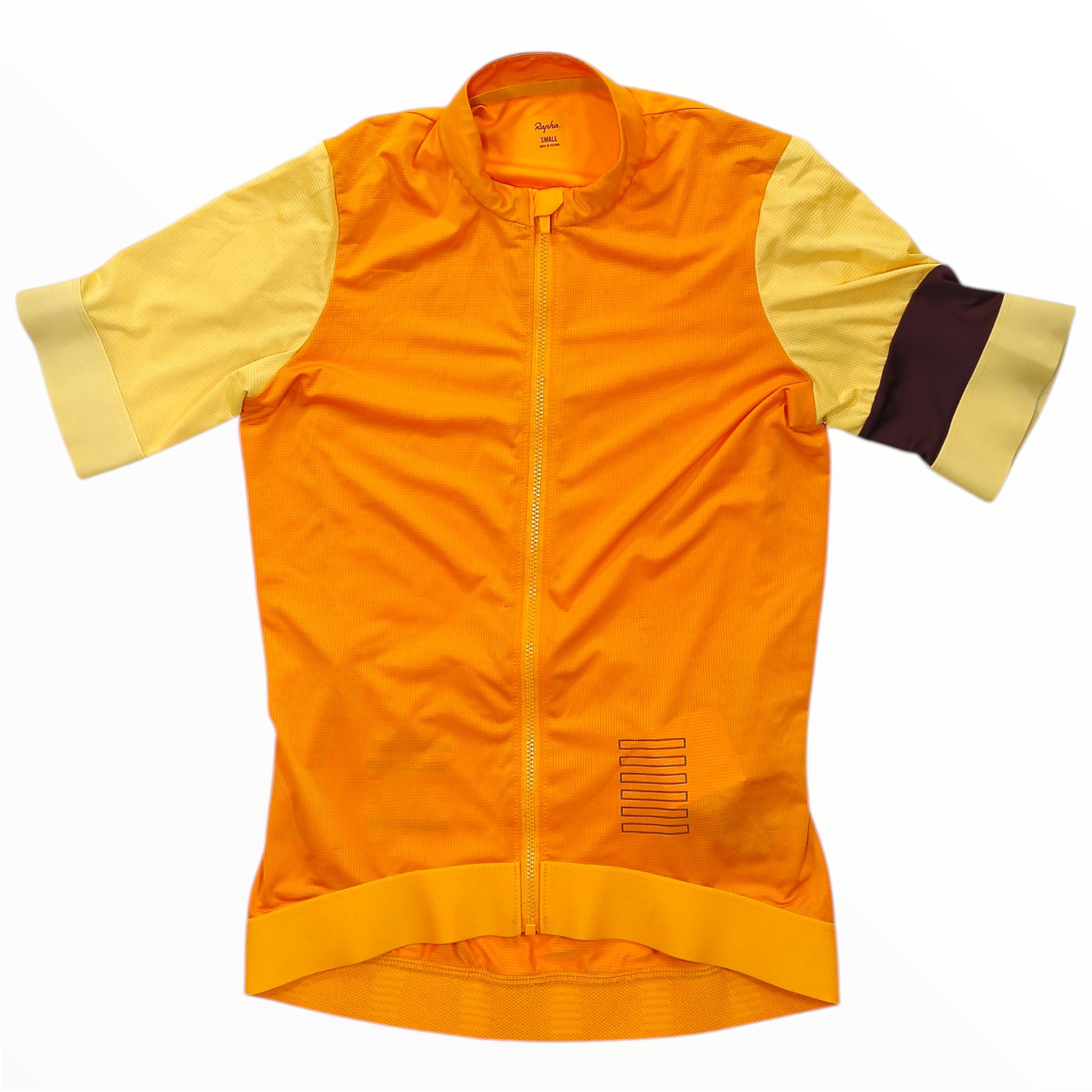 Orange womens cycling training jersey with yellow sleeves, full-zip short sleeves, chest patch.
