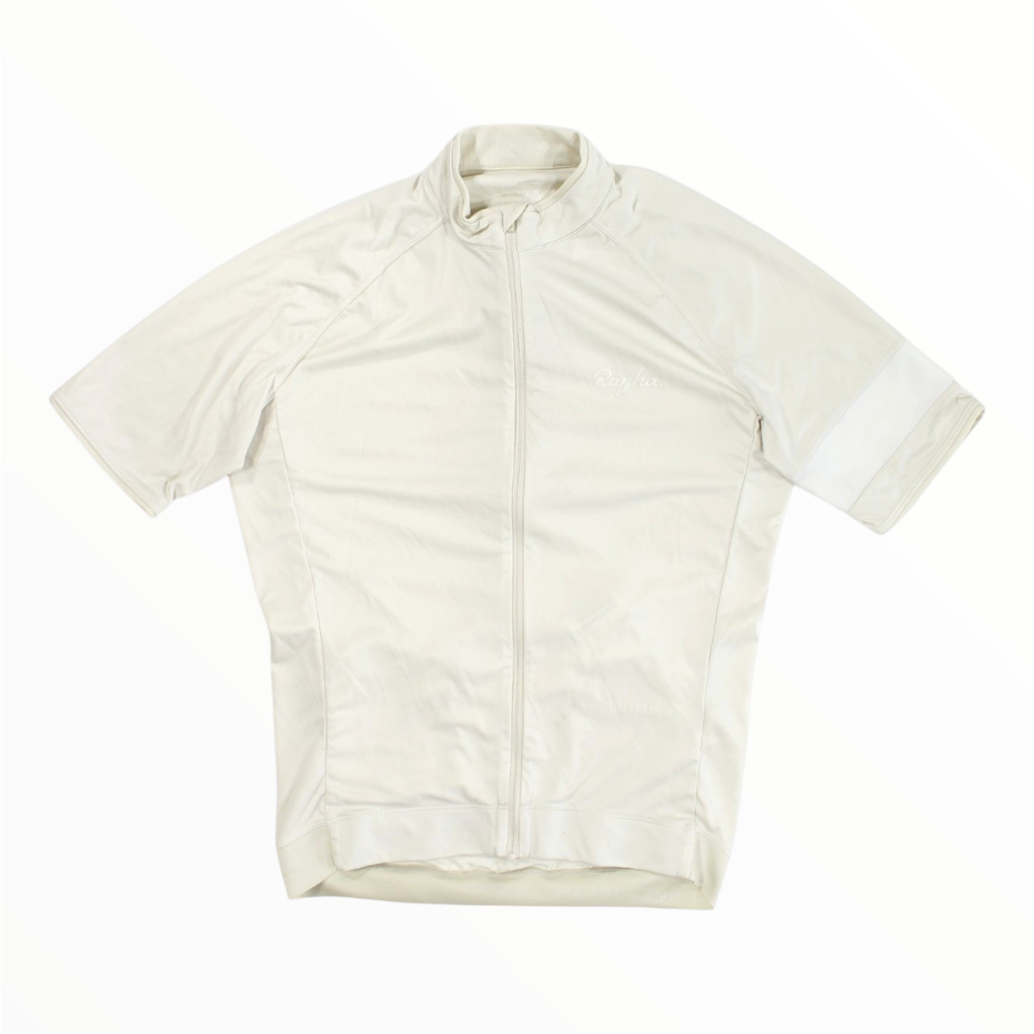 An off-white Rapha Mens Core Jersey with short sleeves, a high collar, and a full-length front zipper is displayed flat against a white background—a timeless piece from Rapha’s collection of men’s cycling apparel.