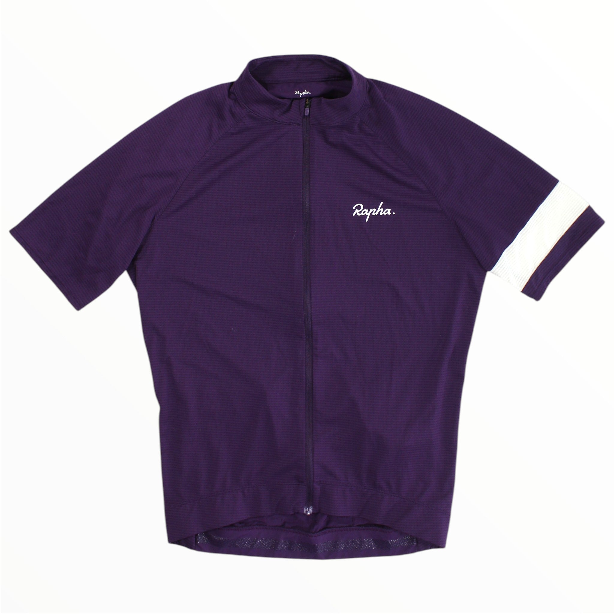 Men's lightweight cycling jersey, full-zip front, short sleeves, purple with white sleeve stripe.