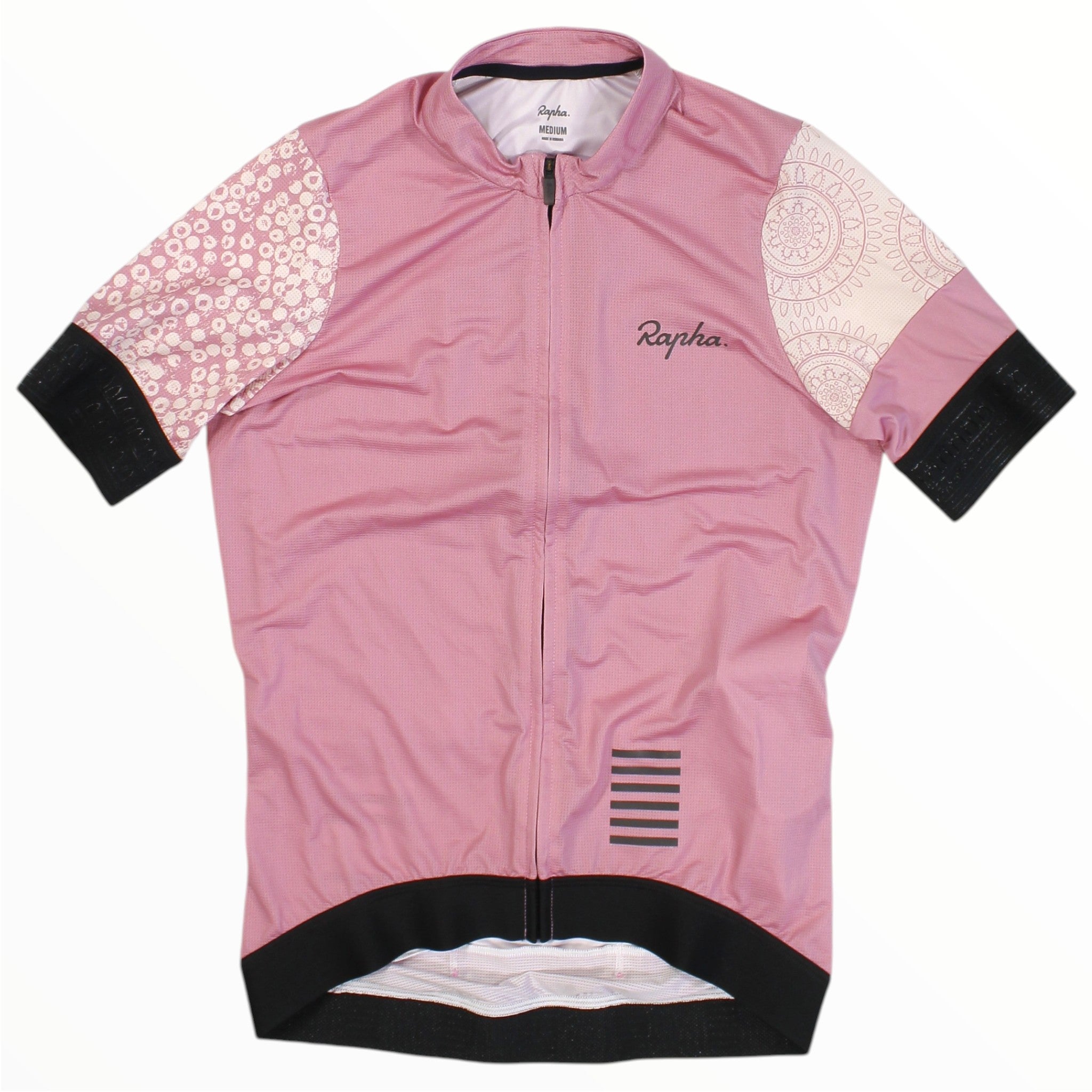 Pink womens cycling training jersey with lace-style sleeve print, full-zip short sleeves.
