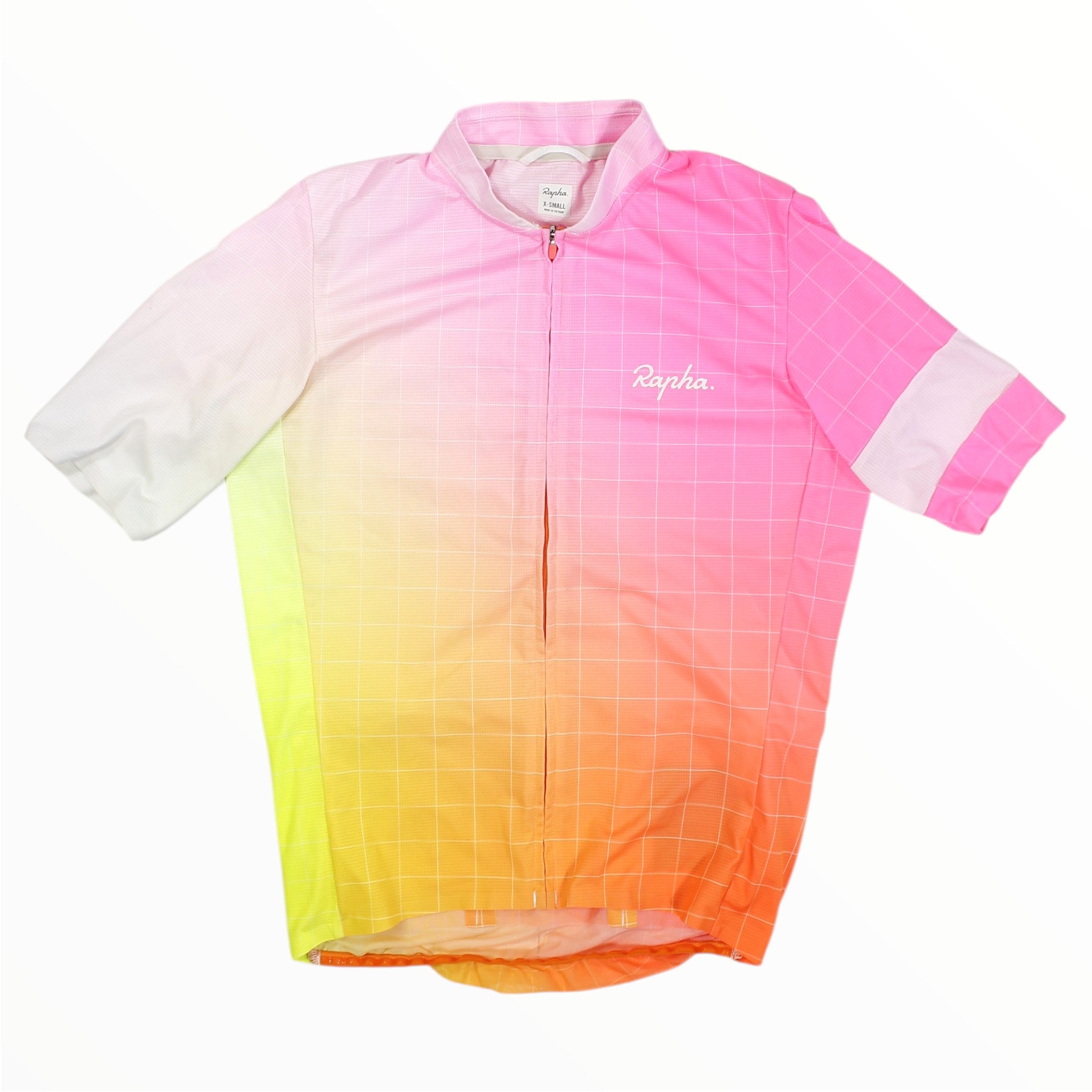 Men's Rapha flyweight cycling jersey with pink-to-orange grid color blocks and full zip
