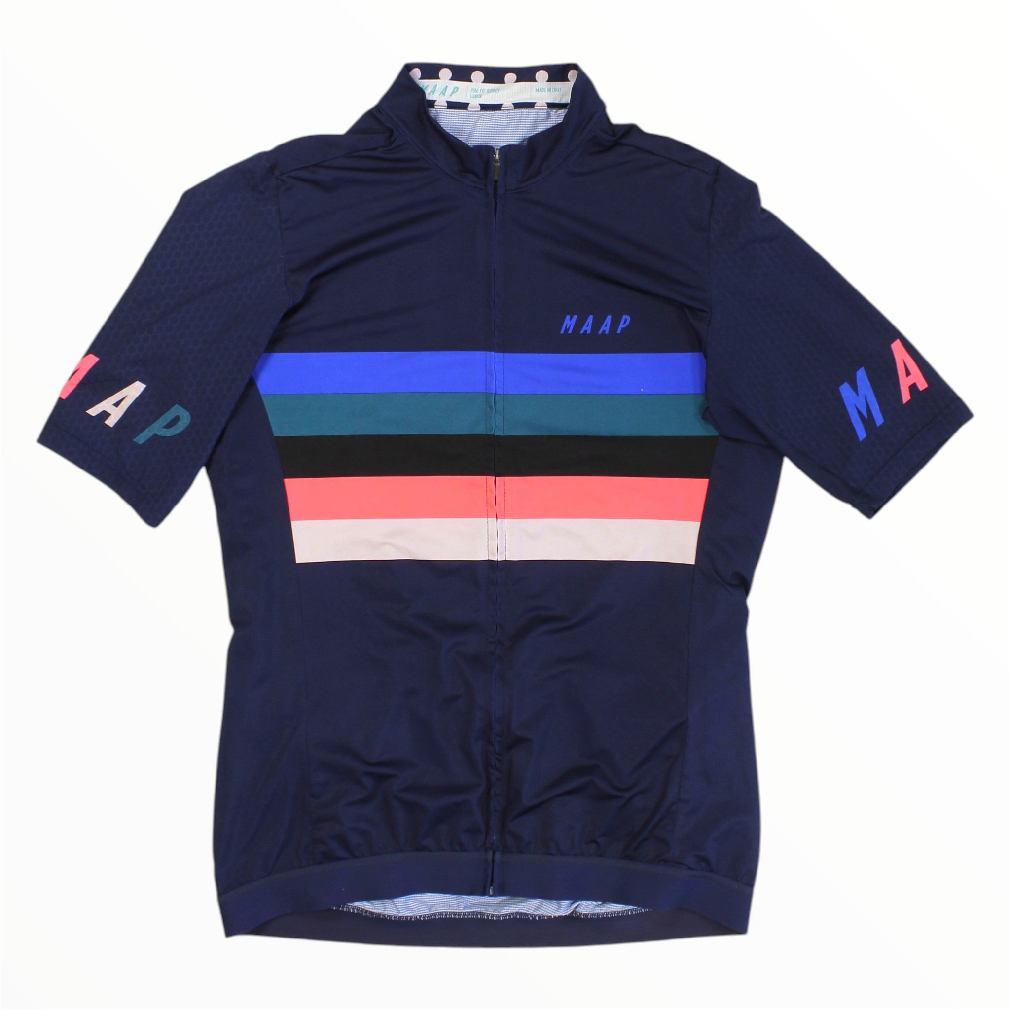 Men's navy cycling jersey with full-length zipper and colorful stripe panel on chest