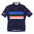 Men's navy cycling jersey with full-length zipper and colorful stripe panel on chest