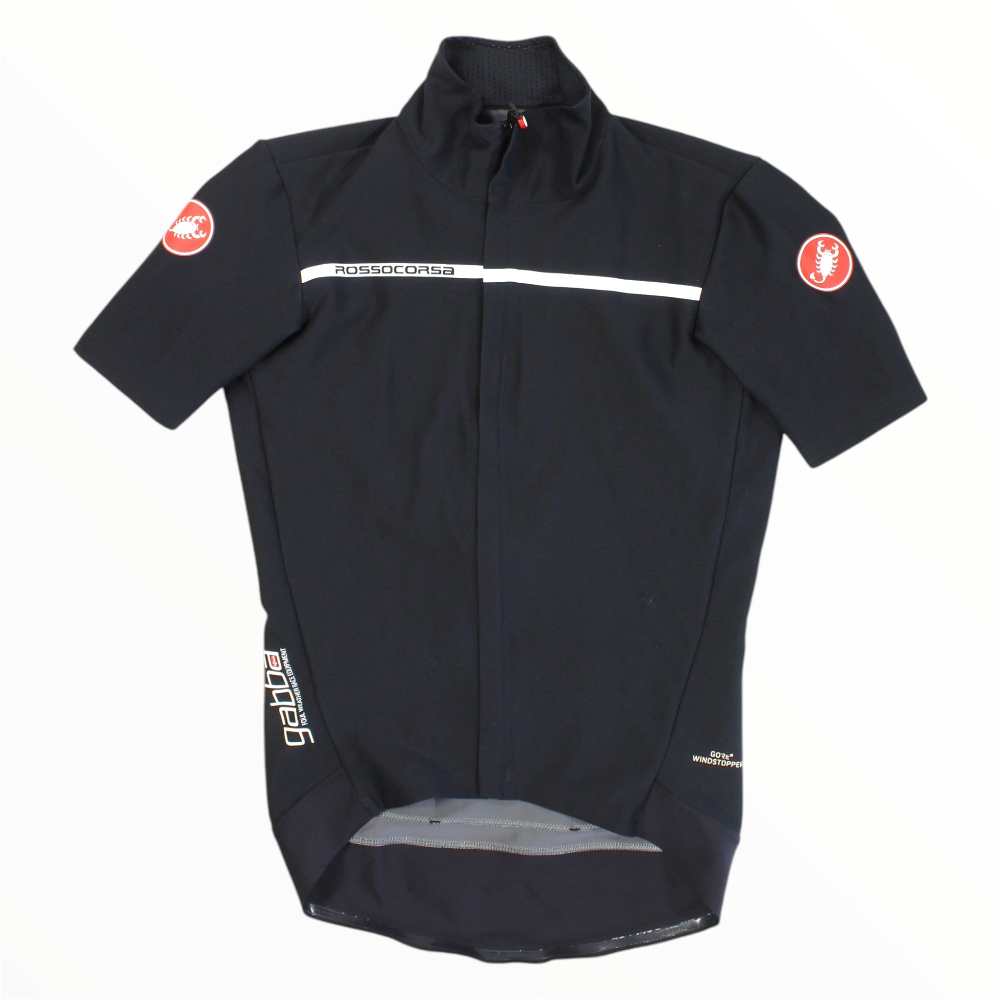 Men's Castelli cycling jersey, short sleeves, full-zip, black with white chest stripe