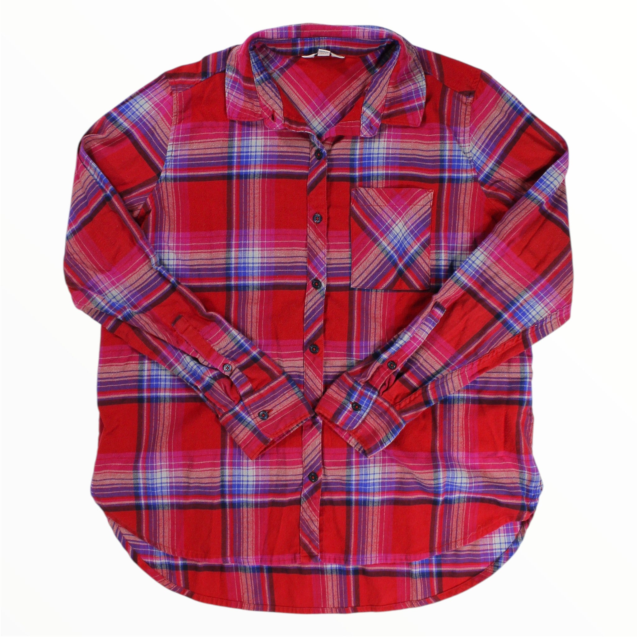 Women's red plaid flannel button-front shirt with long sleeves