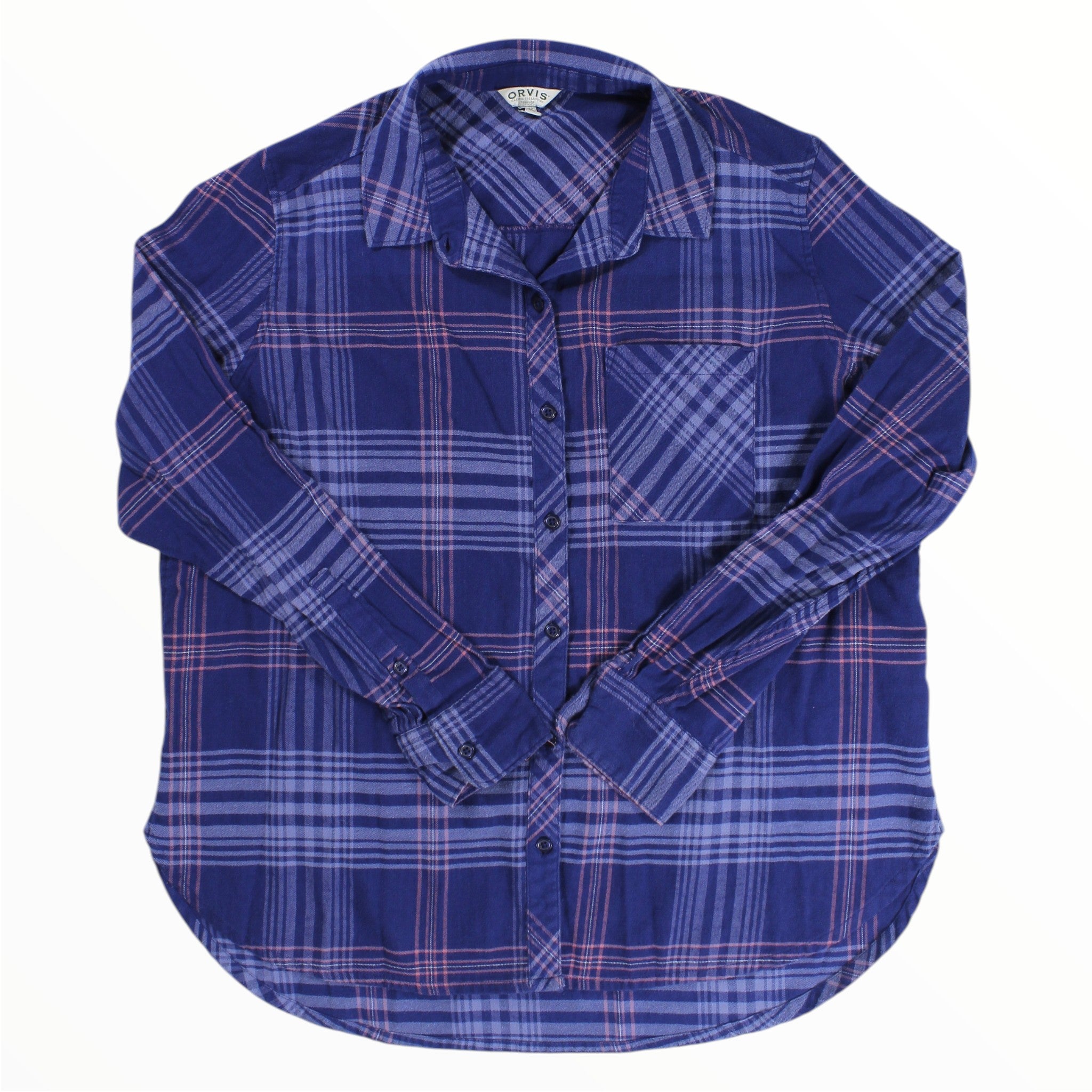 Women's blue plaid flannel button-front shirt with long sleeves