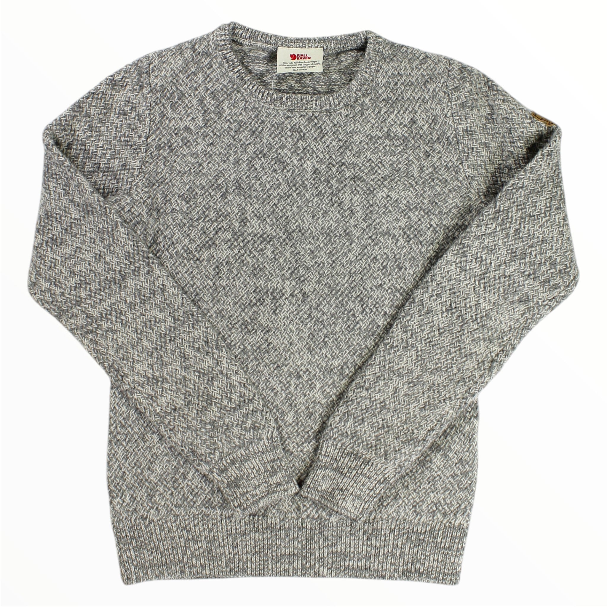 Speckled light gray knit crewneck sweater with ribbed cuffs and hem