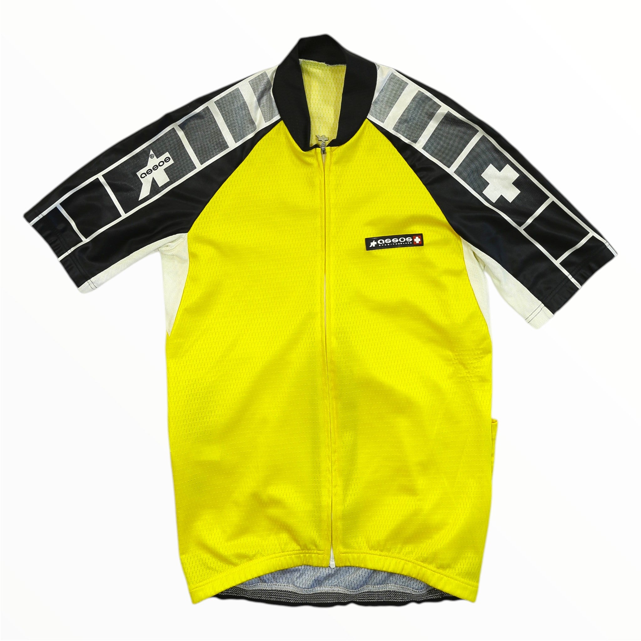 Short-sleeve cycling jersey in neon yellow with black-and-gray patterned sleeves, zipper