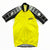 Short-sleeve cycling jersey in neon yellow with black-and-gray patterned sleeves, zipper