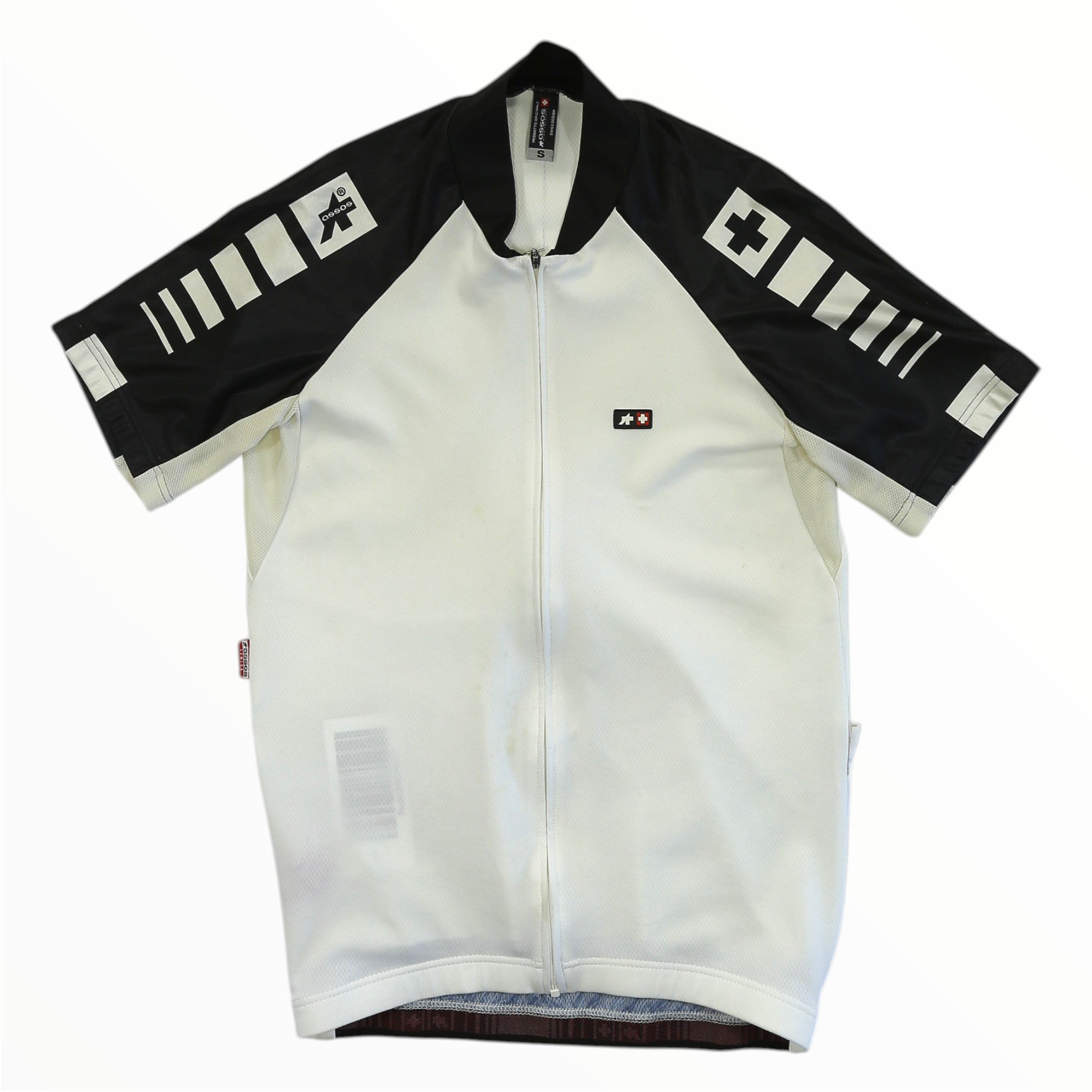 Short-sleeve cycling jersey in white with black striped sleeves, full-length zipper