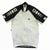 Short-sleeve cycling jersey in white with black striped sleeves, full-length zipper