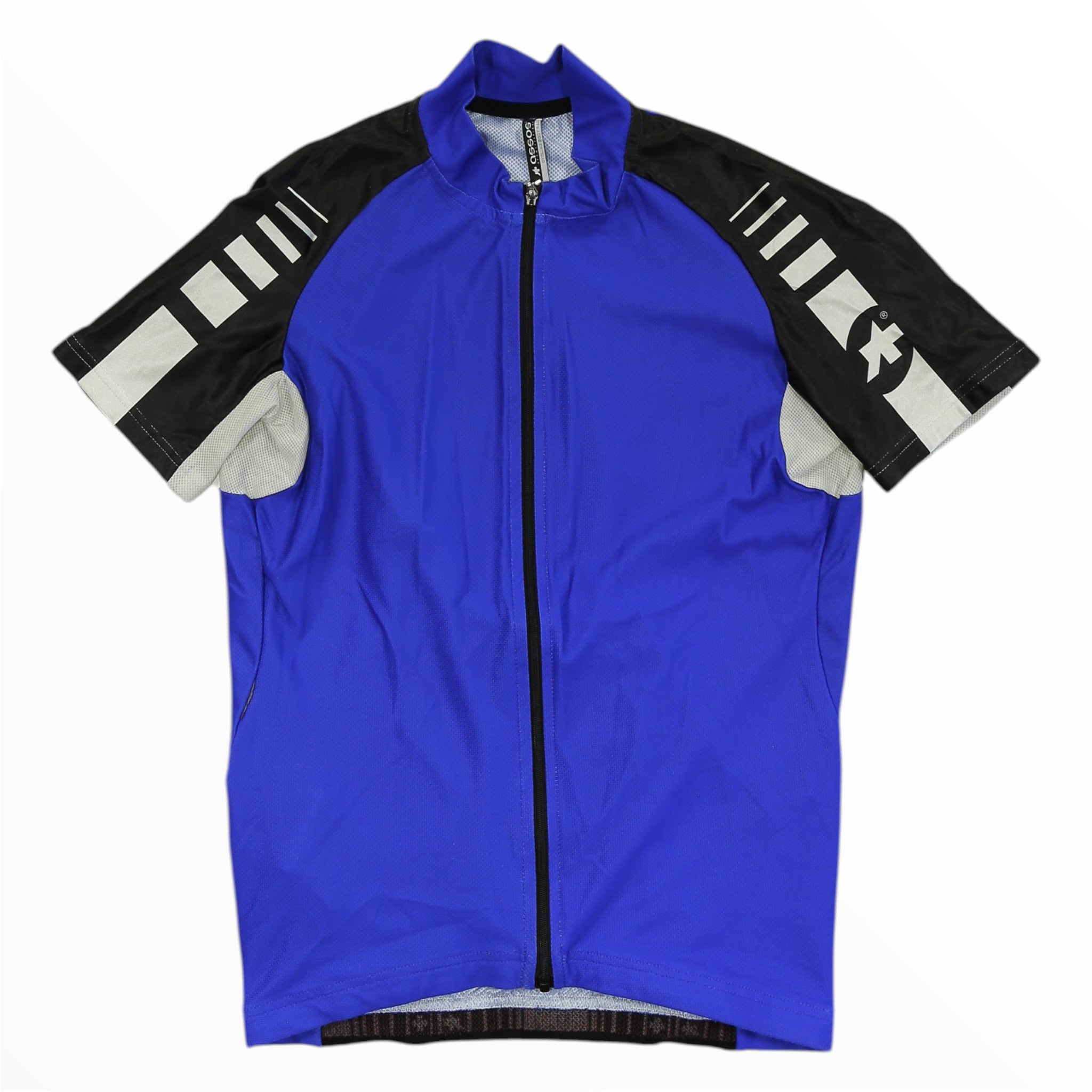 Short-sleeve cycling jersey in royal blue with black side panels, full-length zipper